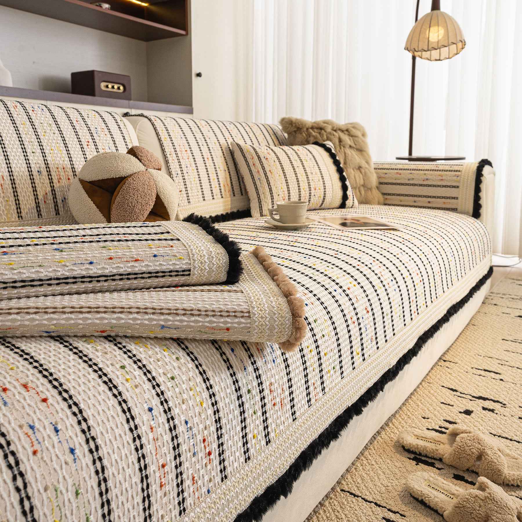 Textured Striped Sofa Cover with Plush Trim, Non-Slip Couch Protector Sectional Covers