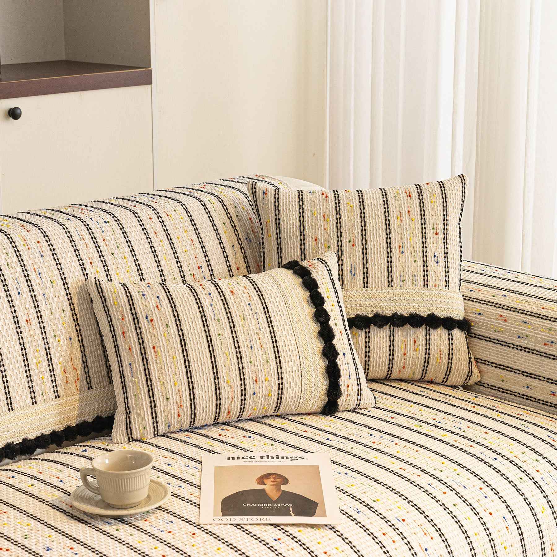 Textured Striped Sofa Cover with Plush Trim, Non-Slip Couch Protector Sectional Covers