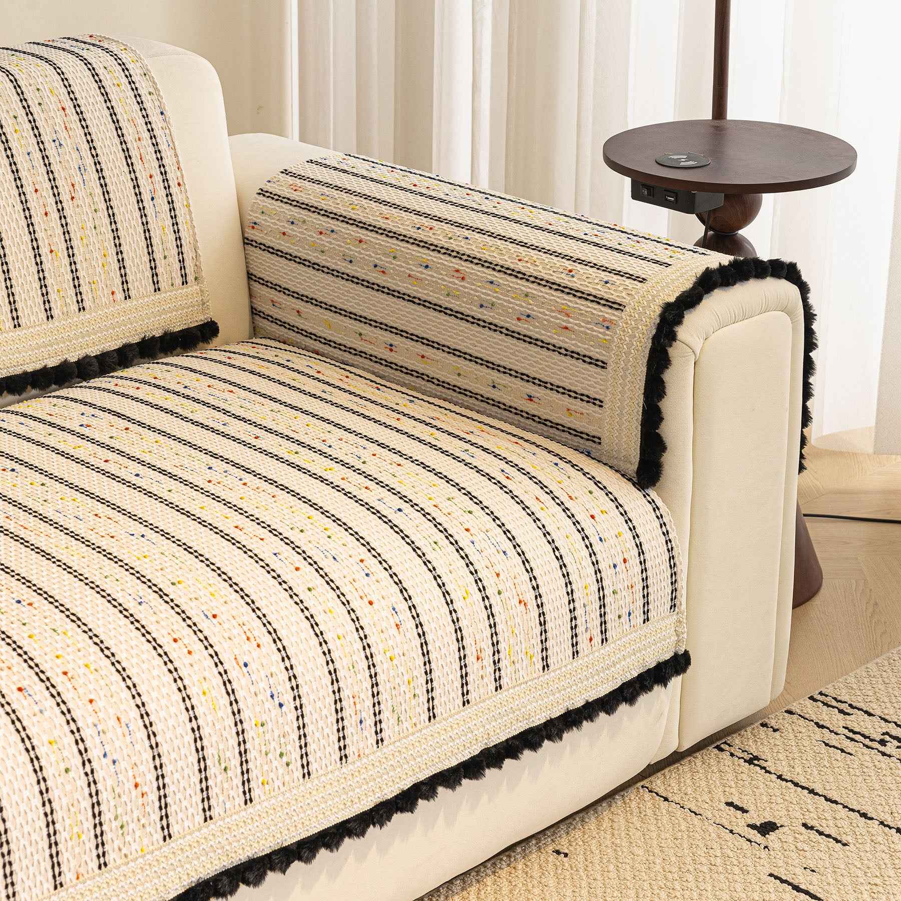Textured Striped Sofa Cover with Plush Trim, Non-Slip Couch Protector Sectional Covers