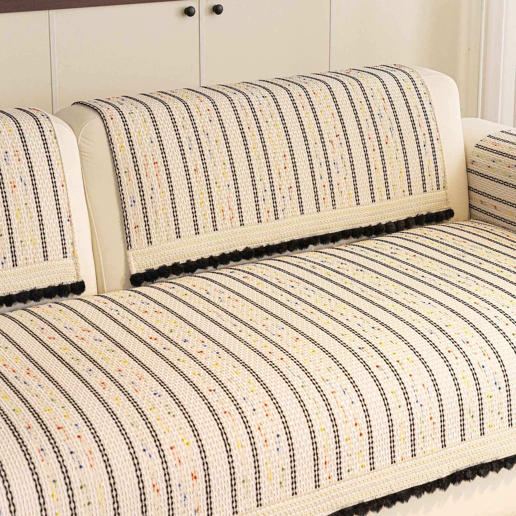 Textured Striped Sofa Cover with Plush Trim, Non-Slip Couch Protector Sectional Covers