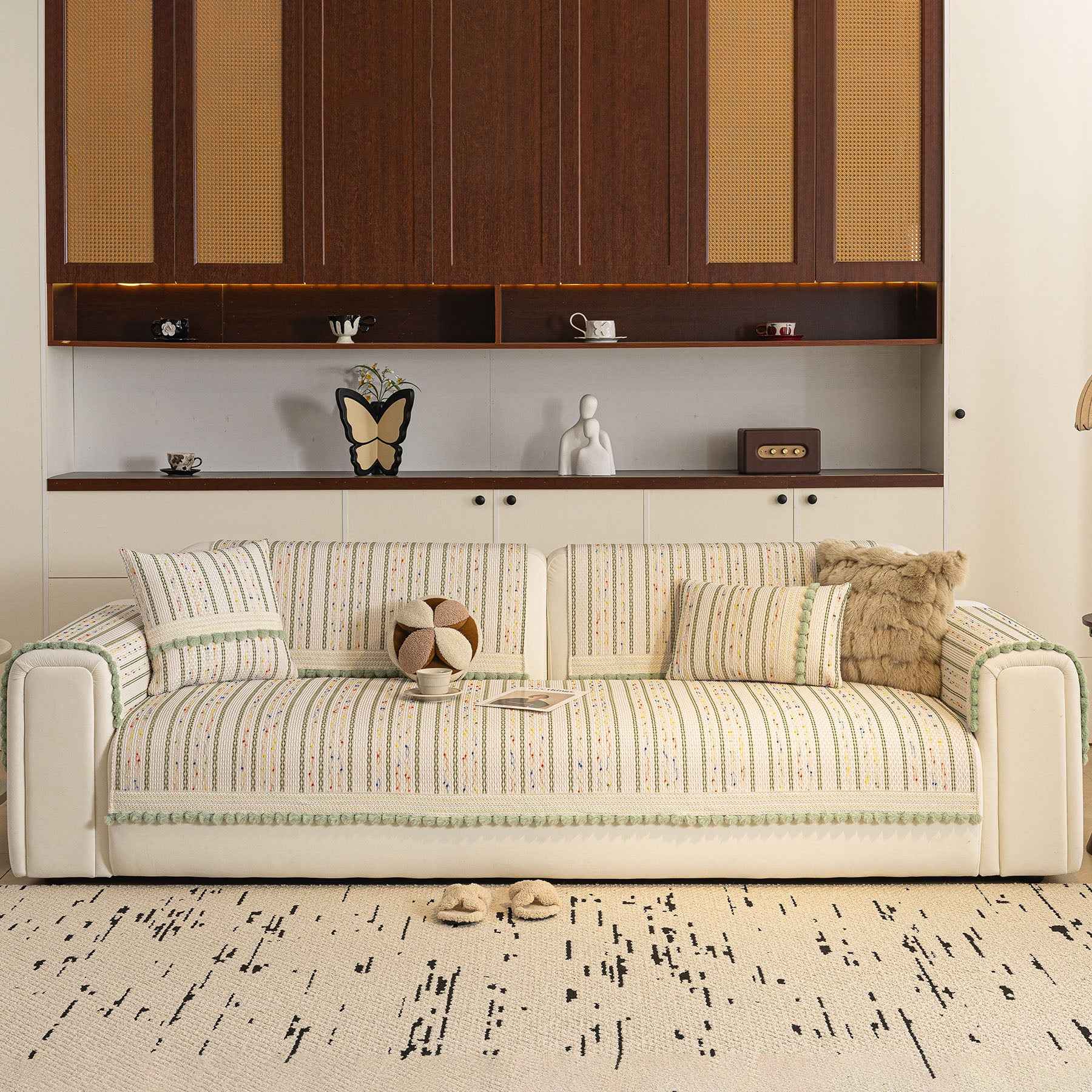 Textured Striped Sofa Cover with Plush Trim, Non-Slip Couch Protector Sectional Covers