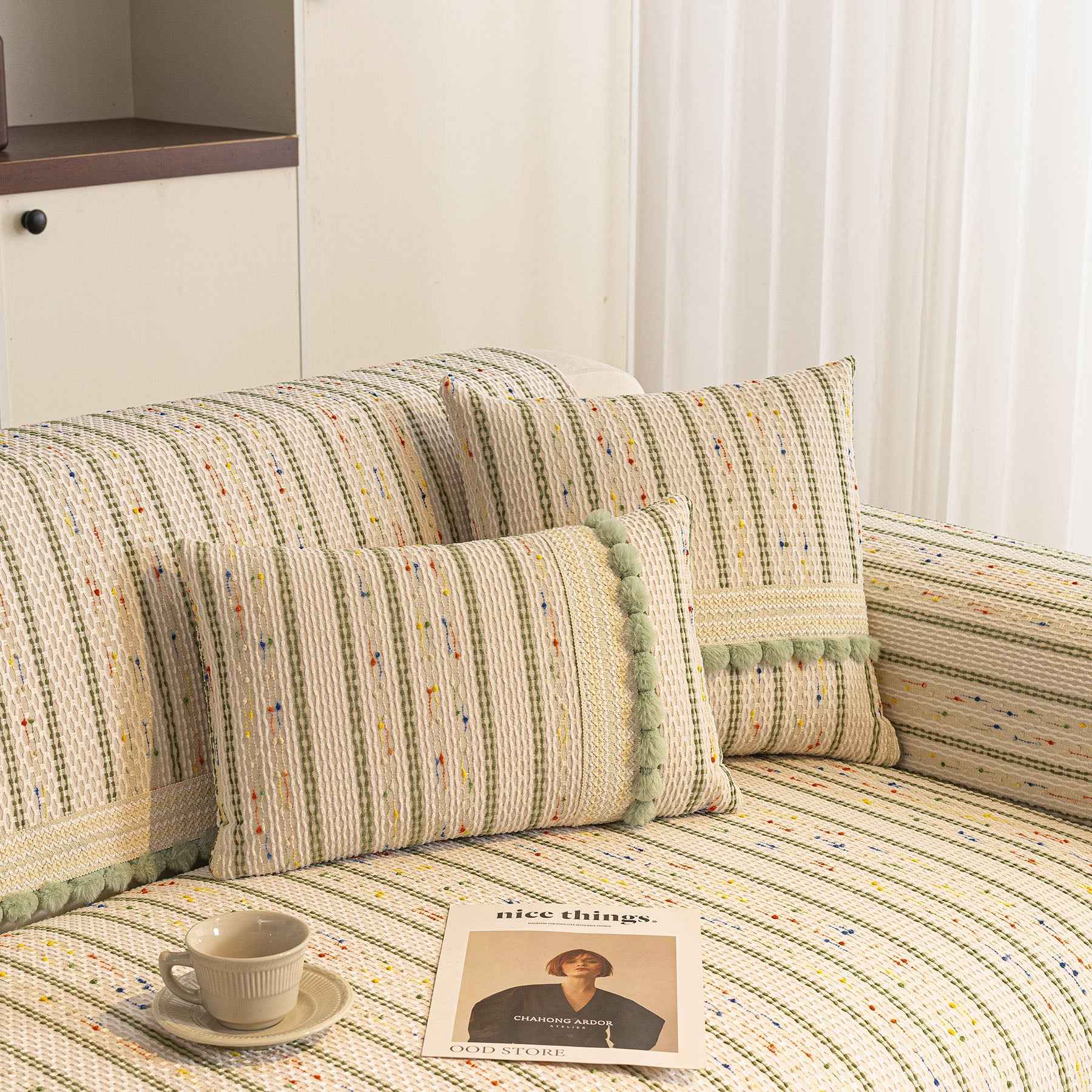 Textured Striped Sofa Cover with Plush Trim, Non-Slip Couch Protector Sectional Covers