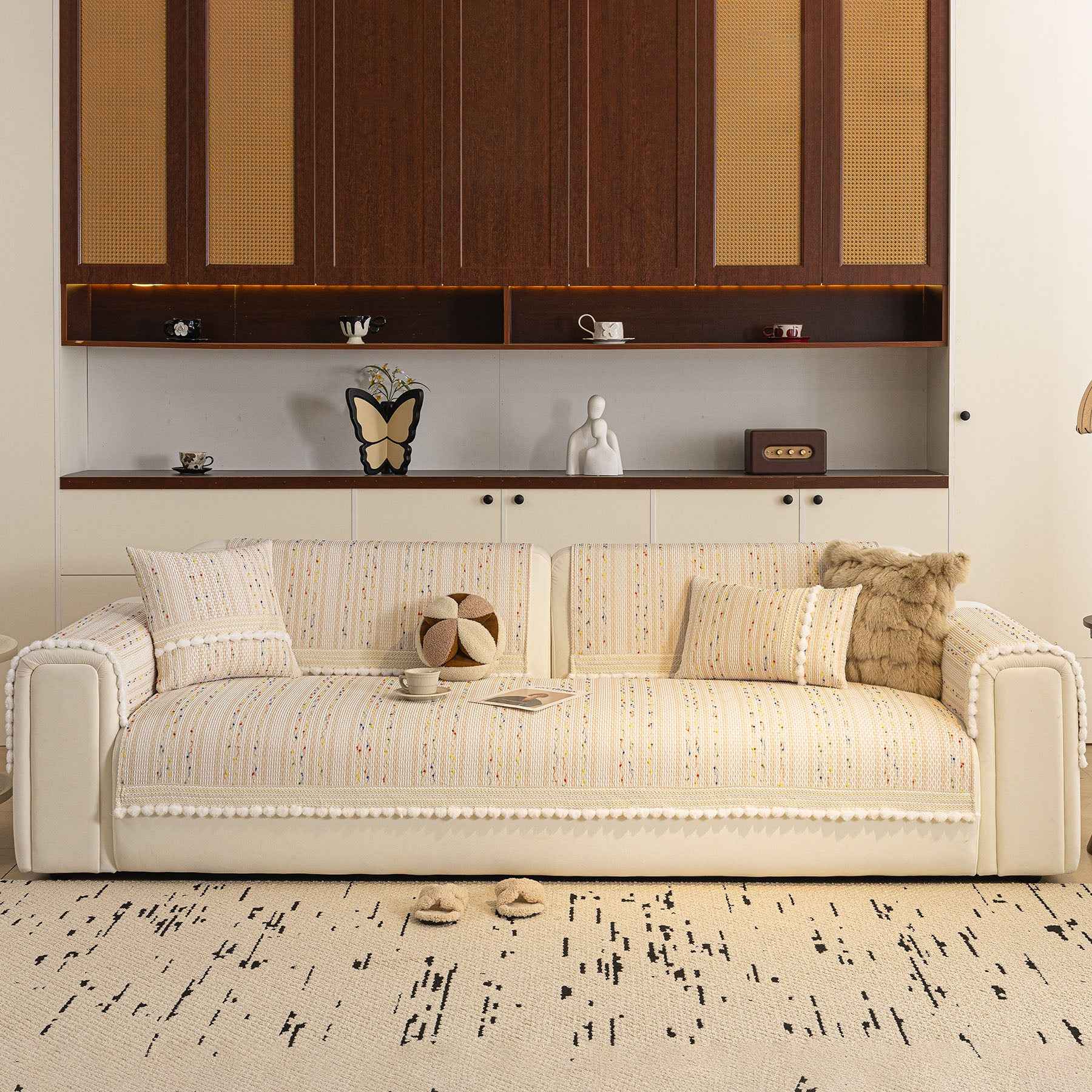 Textured Striped Sofa Cover with Plush Trim, Non-Slip Couch Protector Sectional Covers
