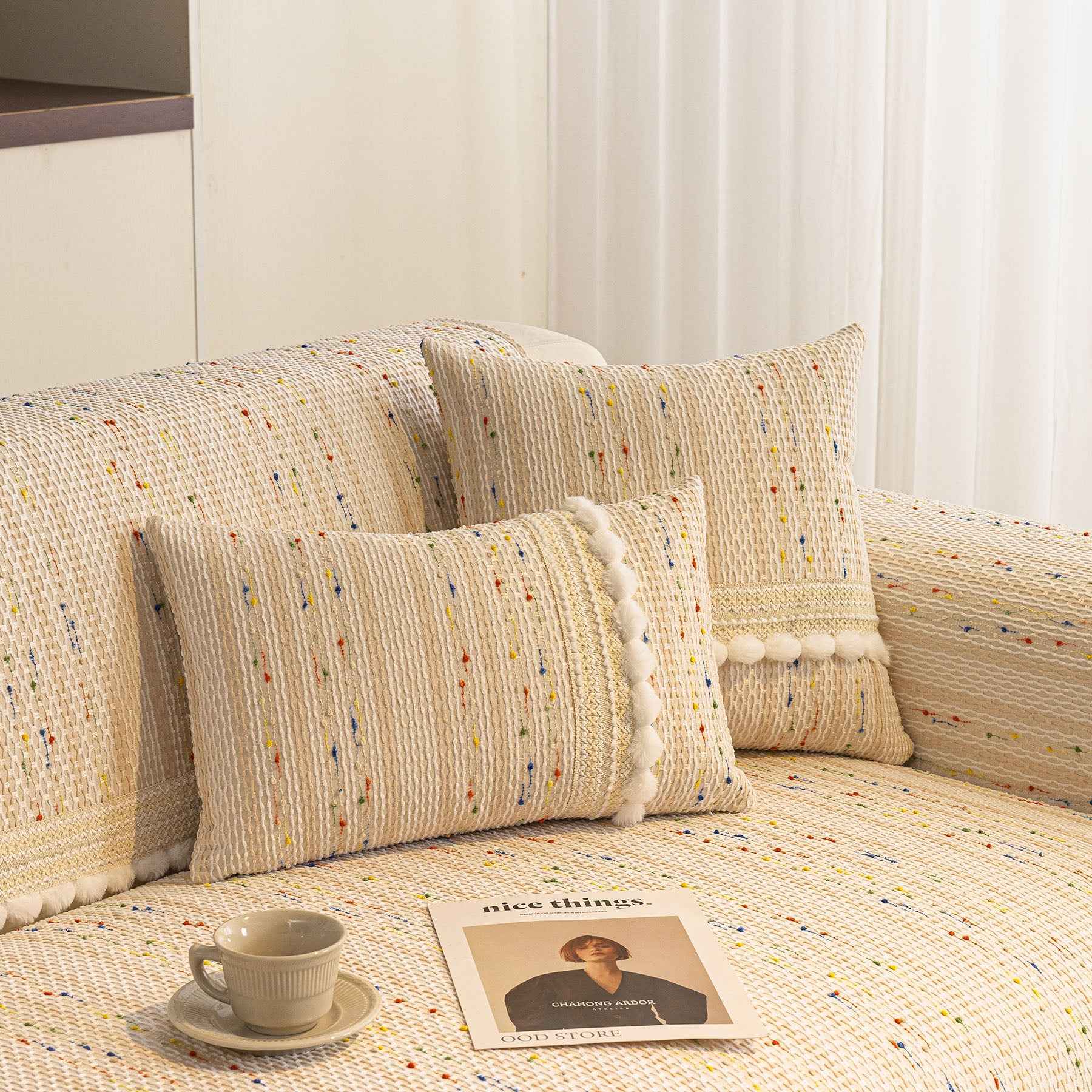 Textured Striped Sofa Cover with Plush Trim, Non-Slip Couch Protector Sectional Covers