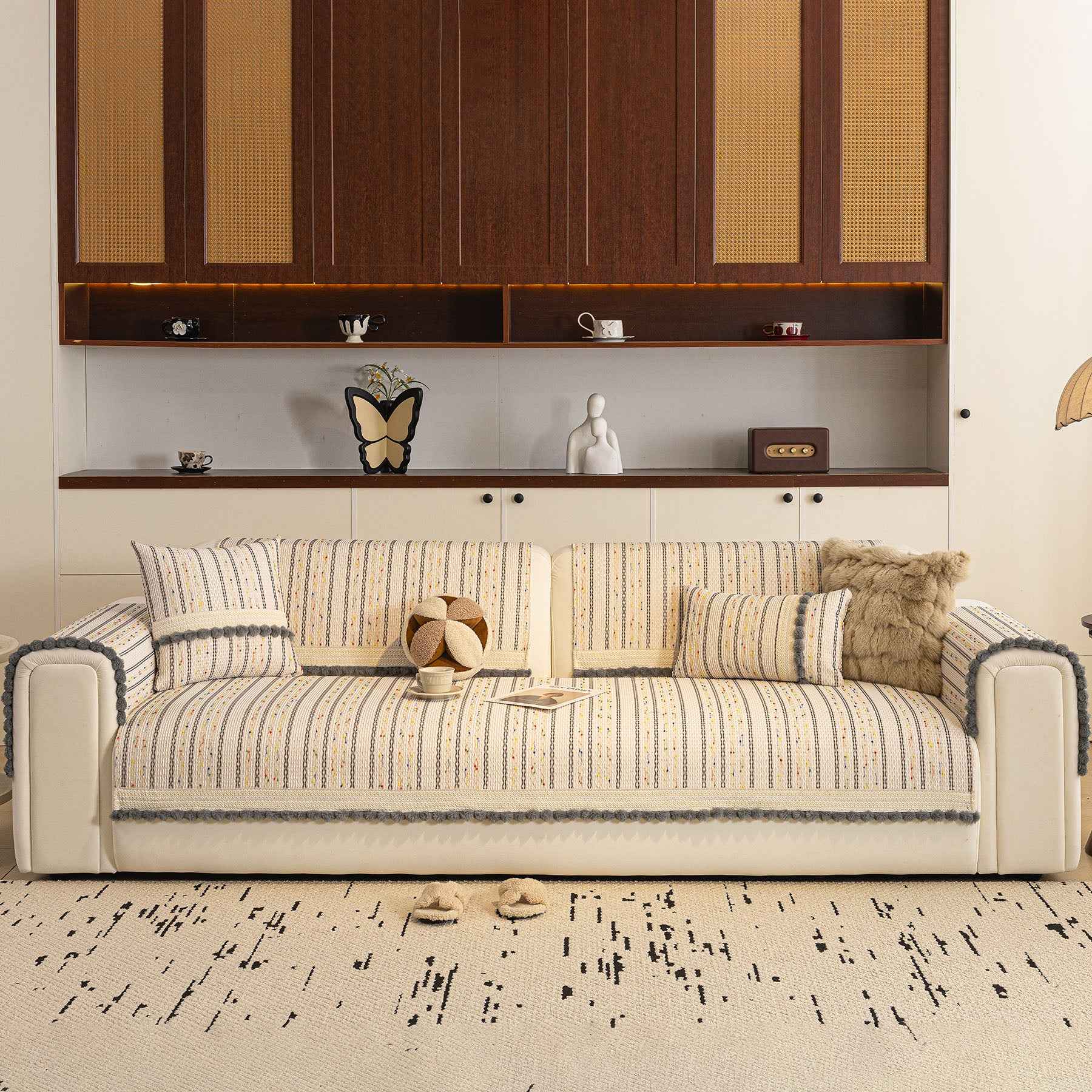 Textured Striped Sofa Cover with Plush Trim, Non-Slip Couch Protector Sectional Covers