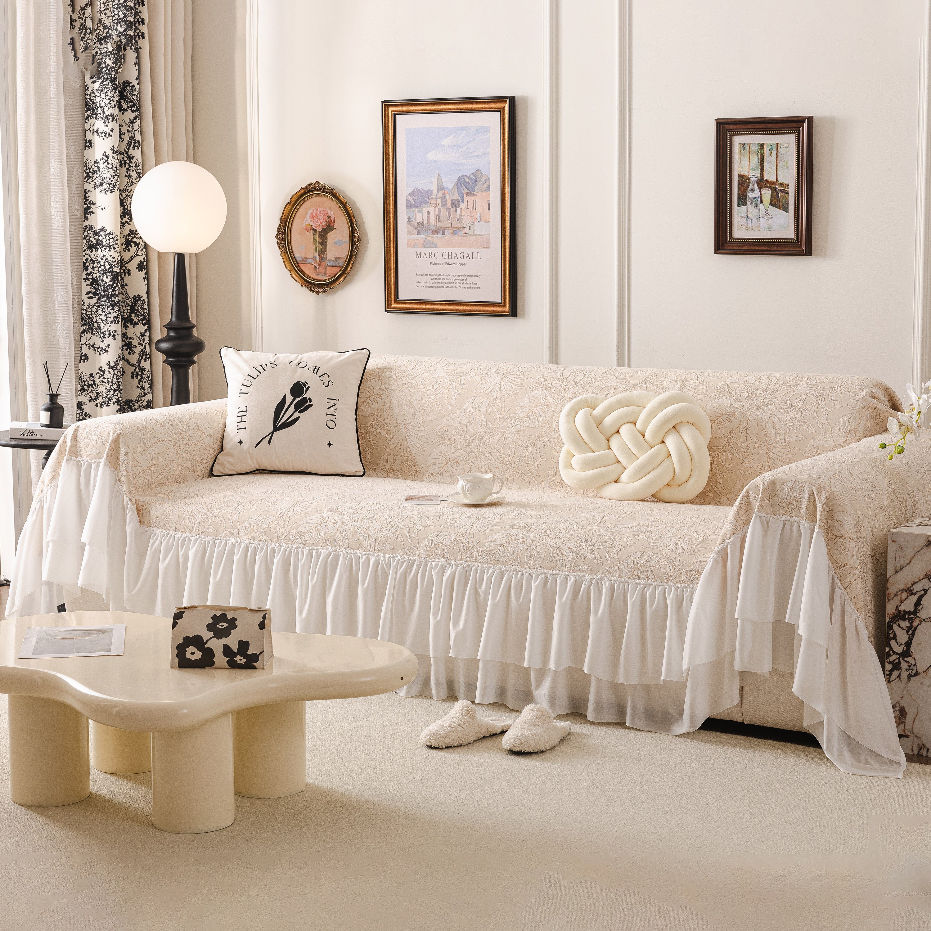 French Chic Style Ruffle Floral Cover Throws for Sofas, Decorative Couch Covers