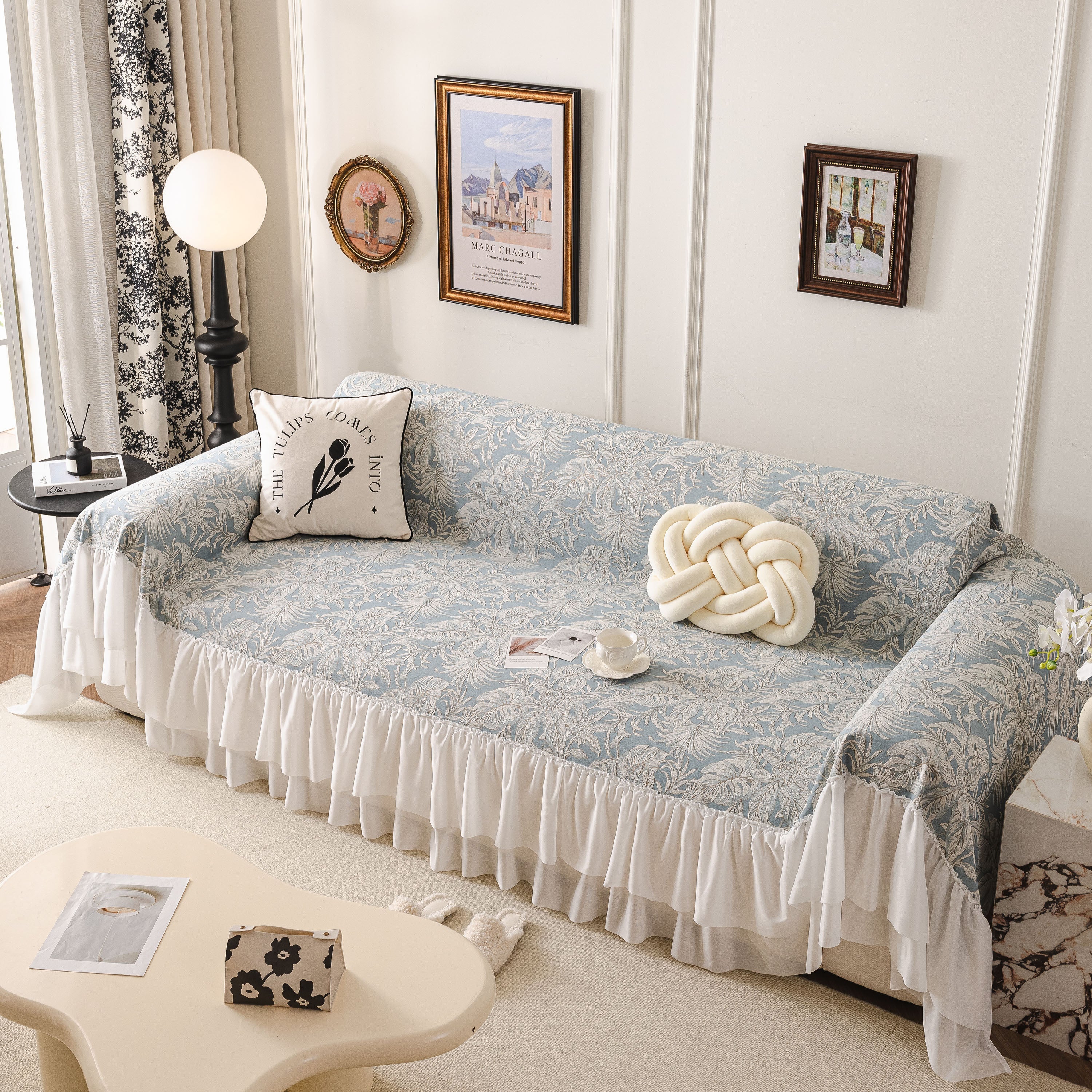 French Chic Style Ruffle Floral Cover Throws for Sofas, Decorative Couch Covers