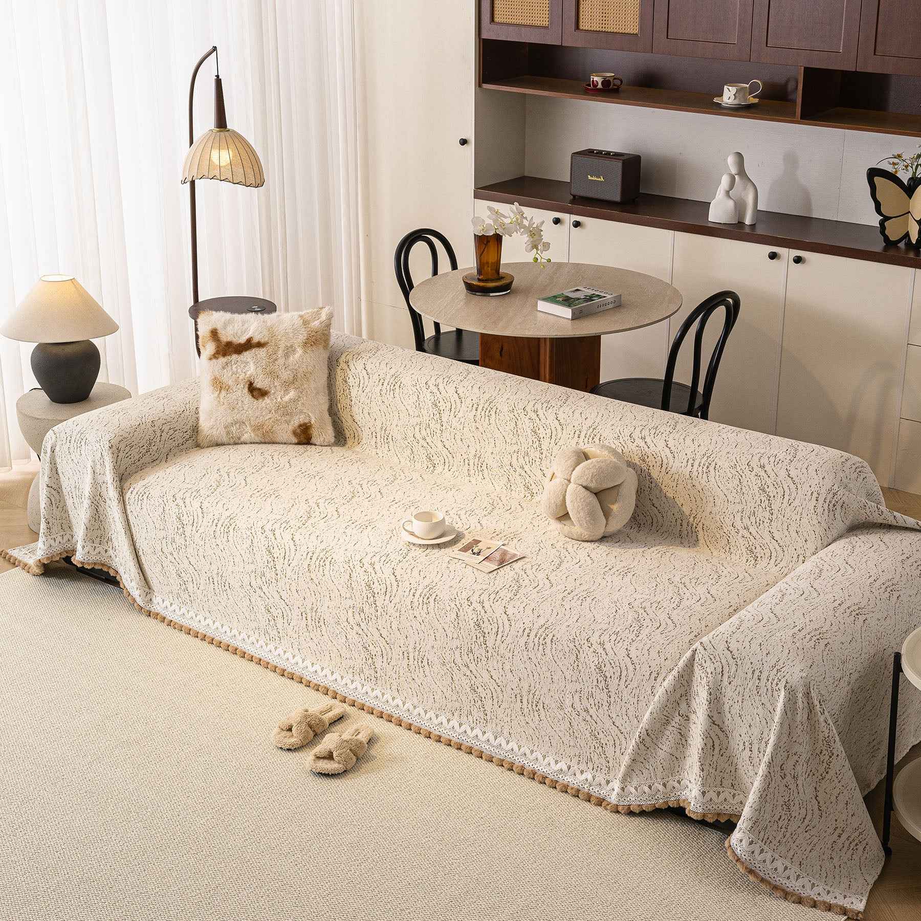 Luxury Elegant Chenille Sofa Throw Cover with Floral Embroidered Lace & Pom-Pom Trim