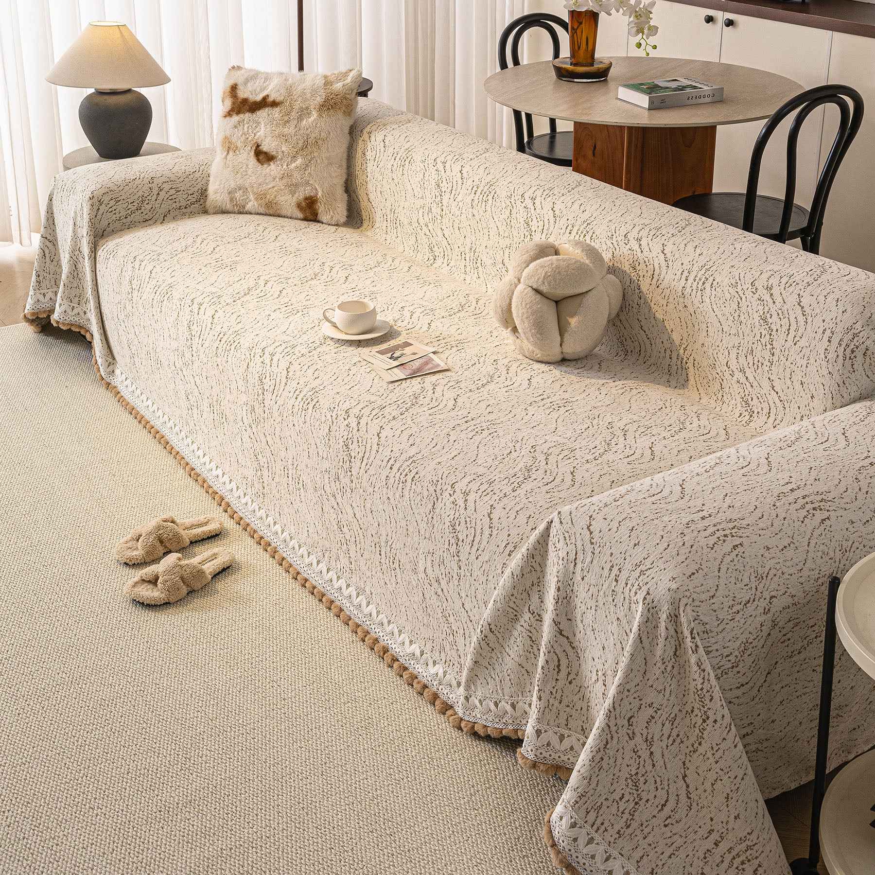 Luxury Elegant Chenille Sofa Throw Cover with Floral Embroidered Lace & Pom-Pom Trim