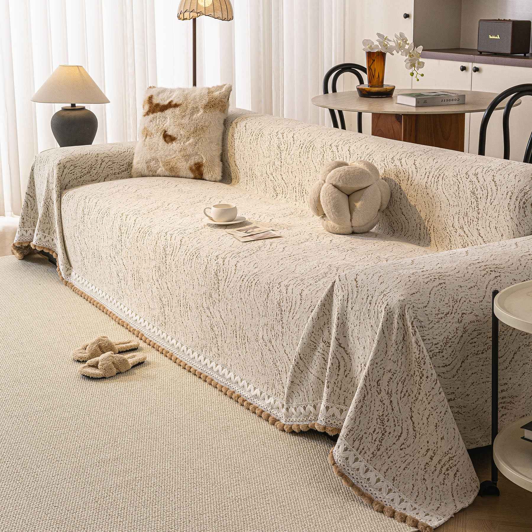 Luxury Elegant Chenille Sofa Throw Cover with Floral Embroidered Lace & Pom-Pom Trim