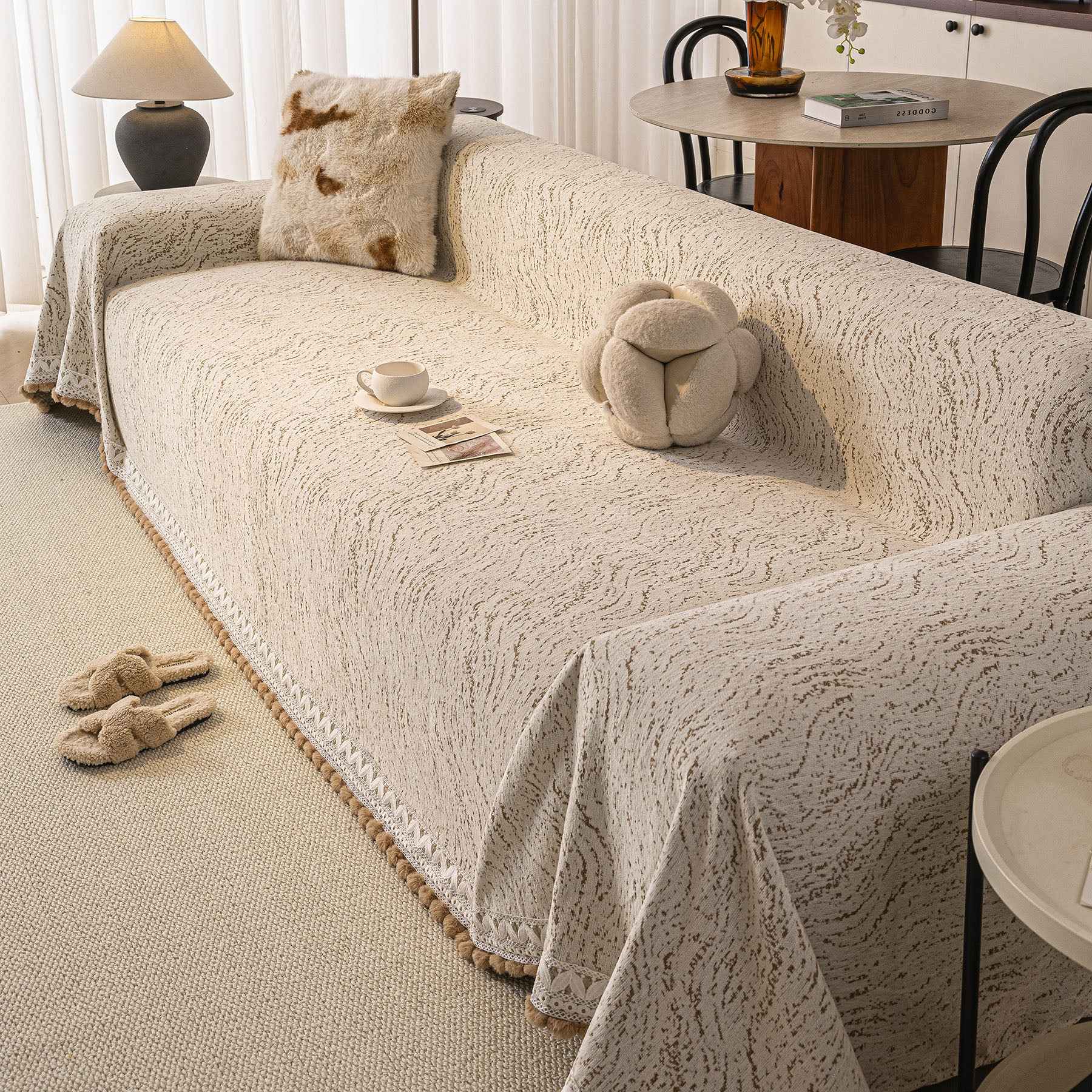 Luxury Elegant Chenille Sofa Throw Cover with Floral Embroidered Lace & Pom-Pom Trim