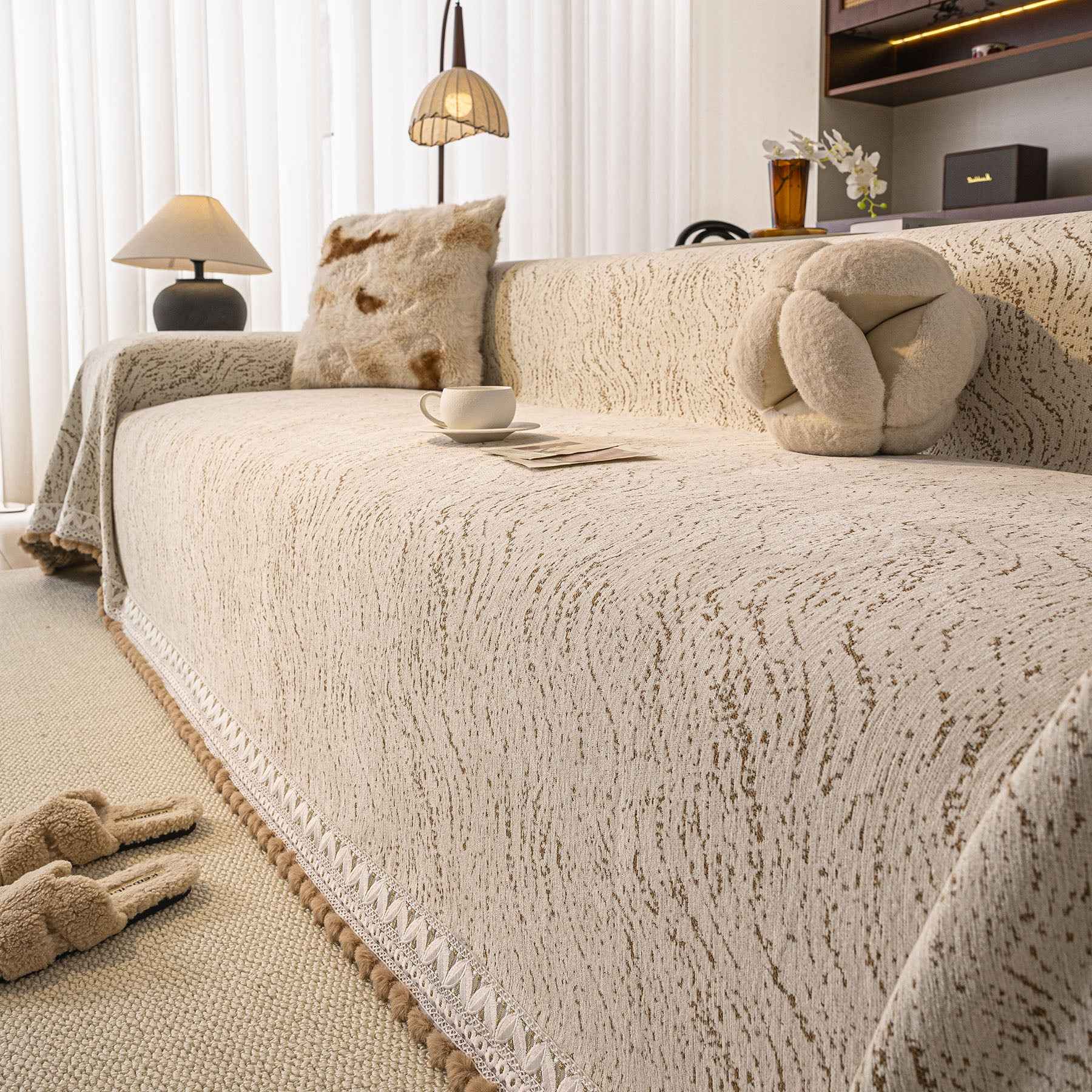 Luxury Elegant Chenille Sofa Throw Cover with Floral Embroidered Lace & Pom-Pom Trim