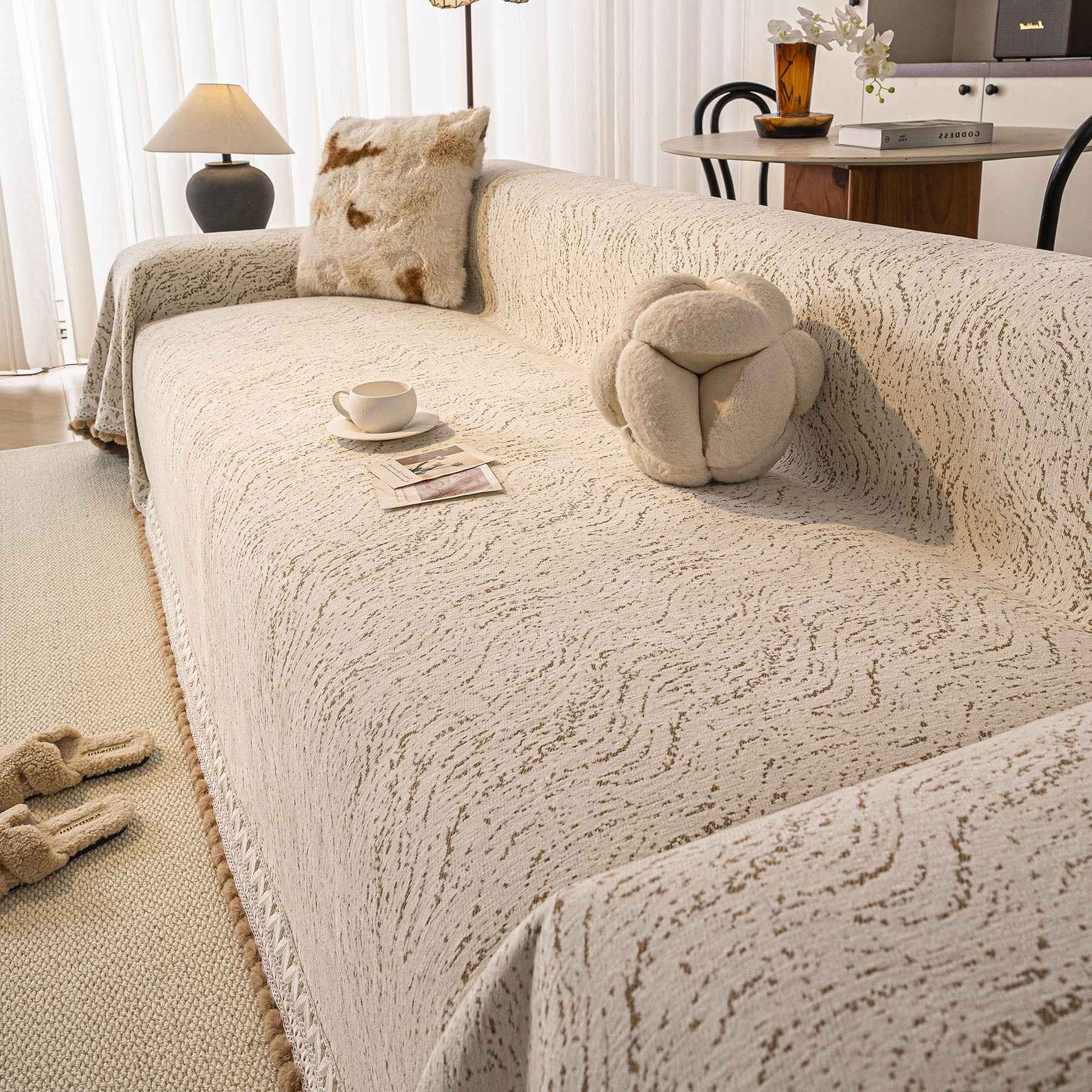 Luxury Elegant Chenille Sofa Throw Cover with Floral Embroidered Lace & Pom-Pom Trim