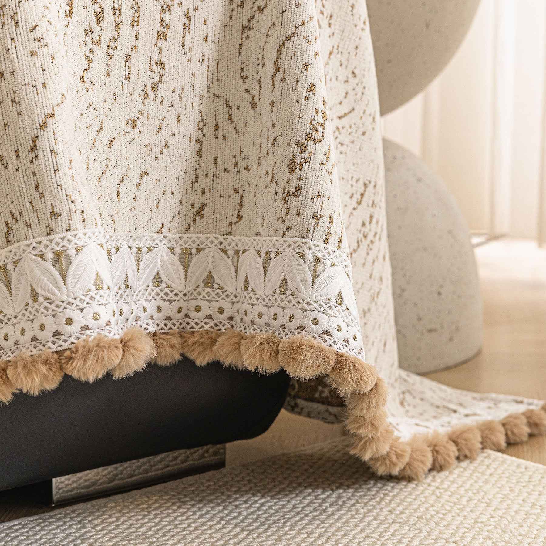 Luxury Elegant Chenille Sofa Throw Cover with Floral Embroidered Lace & Pom-Pom Trim