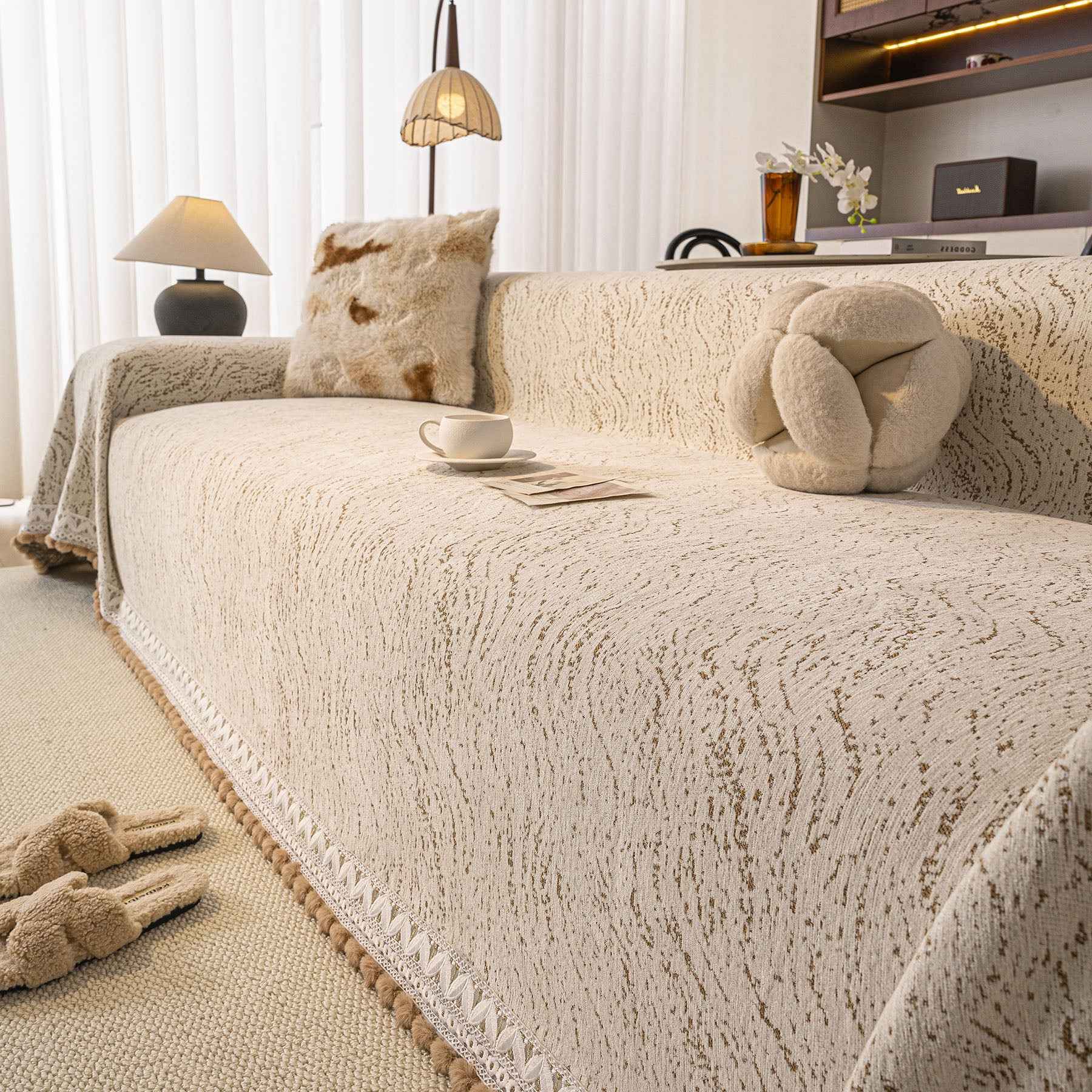 Luxury Elegant Chenille Sofa Throw Cover with Floral Embroidered Lace & Pom-Pom Trim