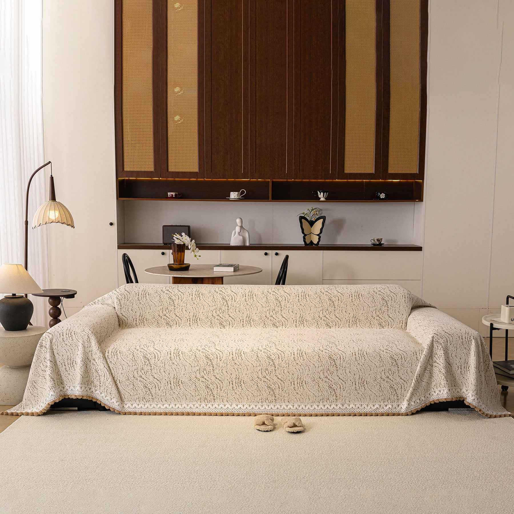 Luxury Elegant Chenille Sofa Throw Cover with Floral Embroidered Lace & Pom-Pom Trim