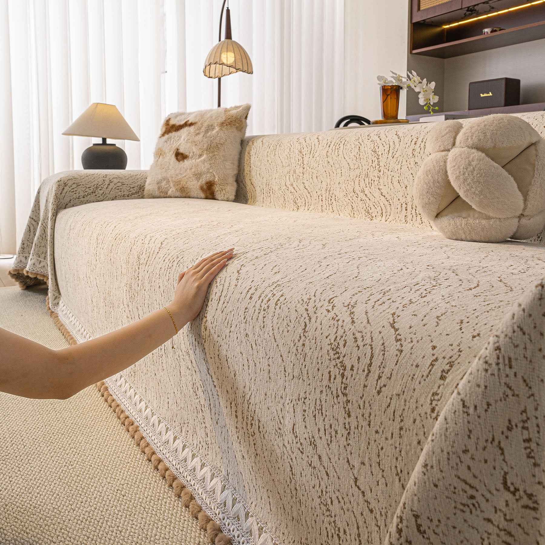 Luxury Elegant Chenille Sofa Throw Cover with Floral Embroidered Lace & Pom-Pom Trim
