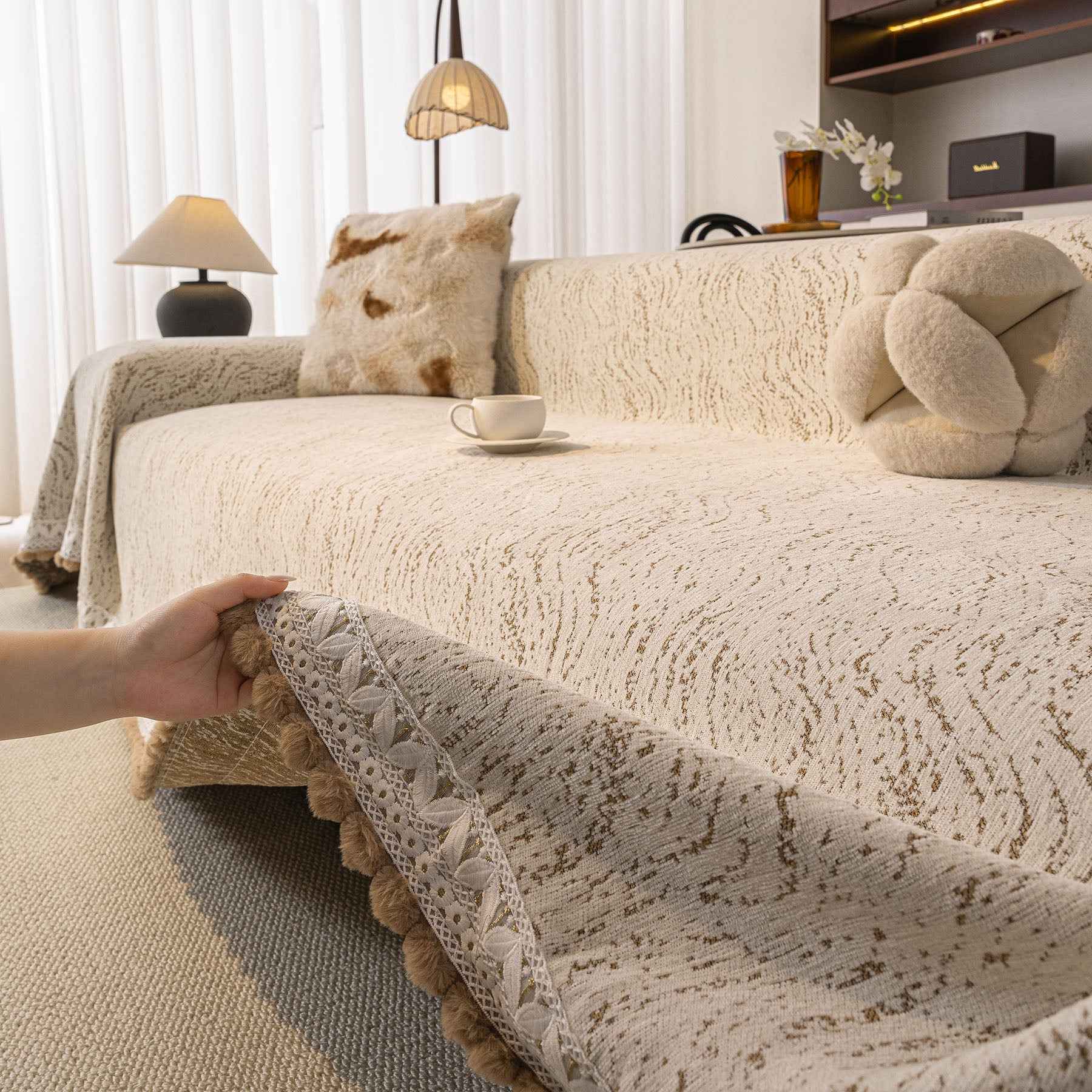 Luxury Elegant Chenille Sofa Throw Cover with Floral Embroidered Lace & Pom-Pom Trim