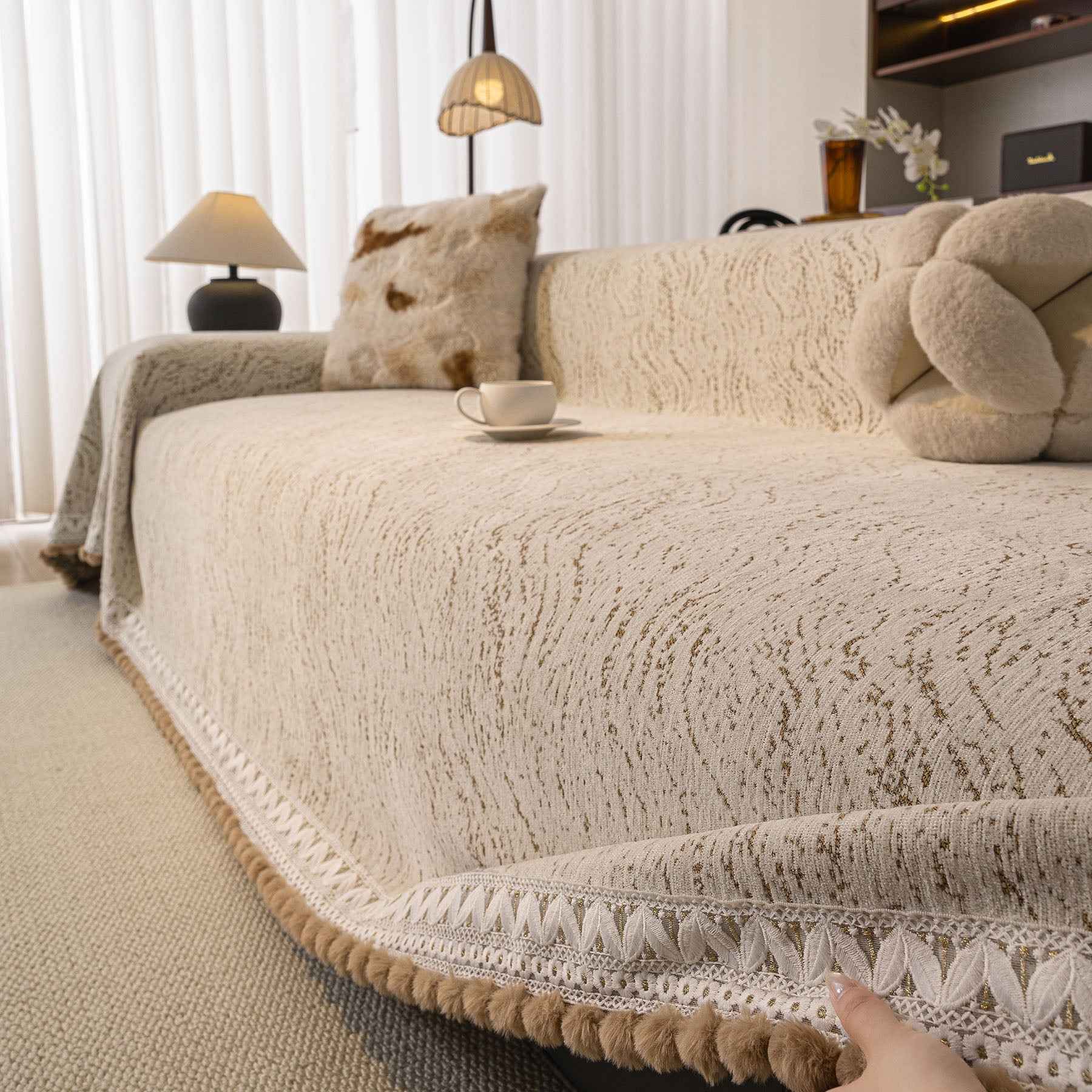 Luxury Elegant Chenille Sofa Throw Cover with Floral Embroidered Lace & Pom-Pom Trim