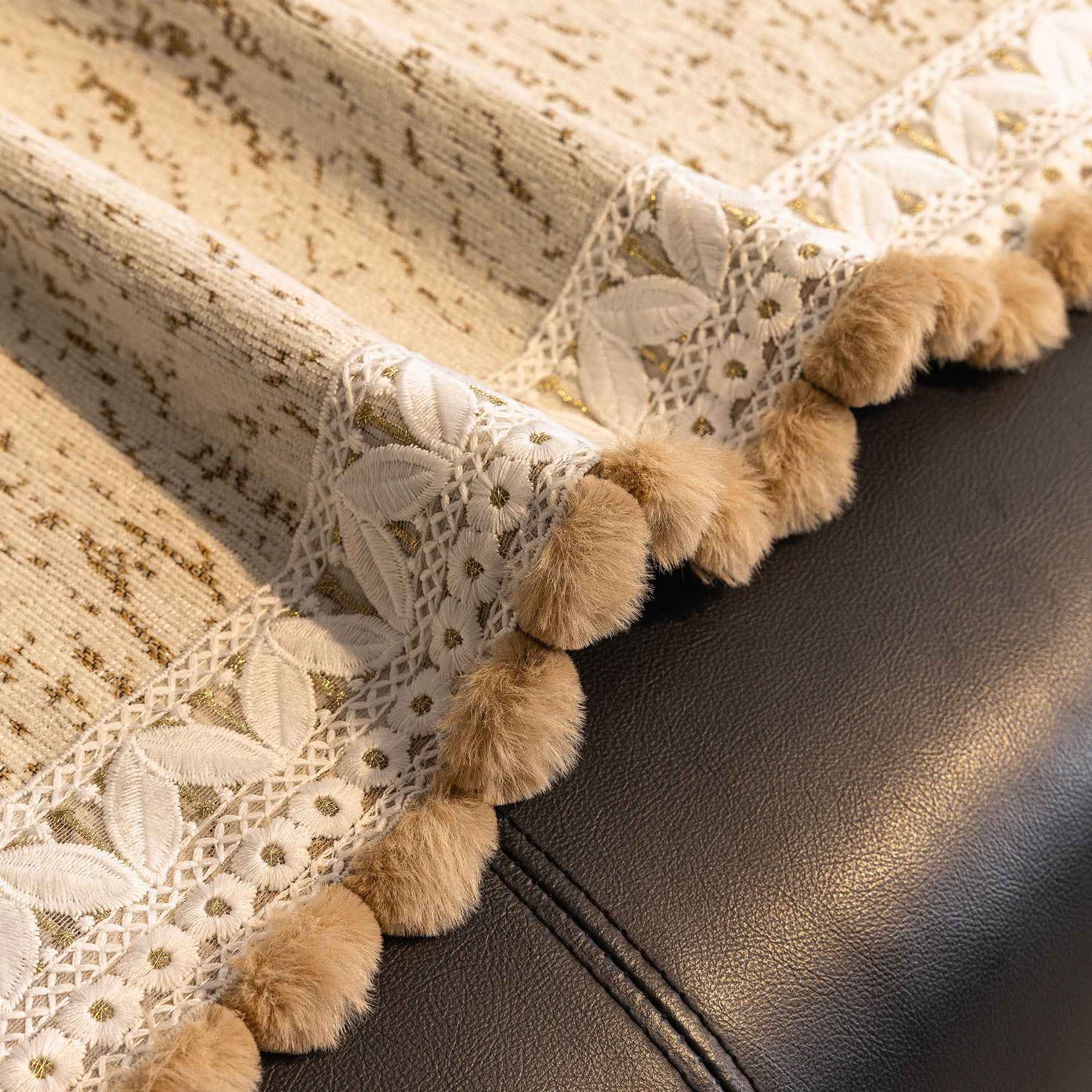 Luxury Elegant Chenille Sofa Throw Cover with Floral Embroidered Lace & Pom-Pom Trim
