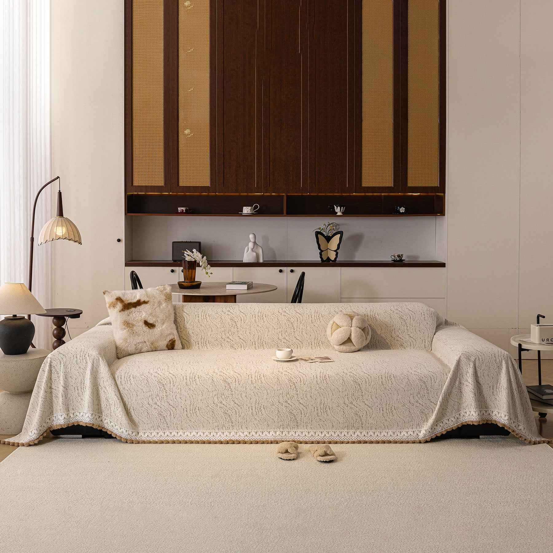 Luxury Elegant Chenille Sofa Throw Cover with Floral Embroidered Lace & Pom-Pom Trim