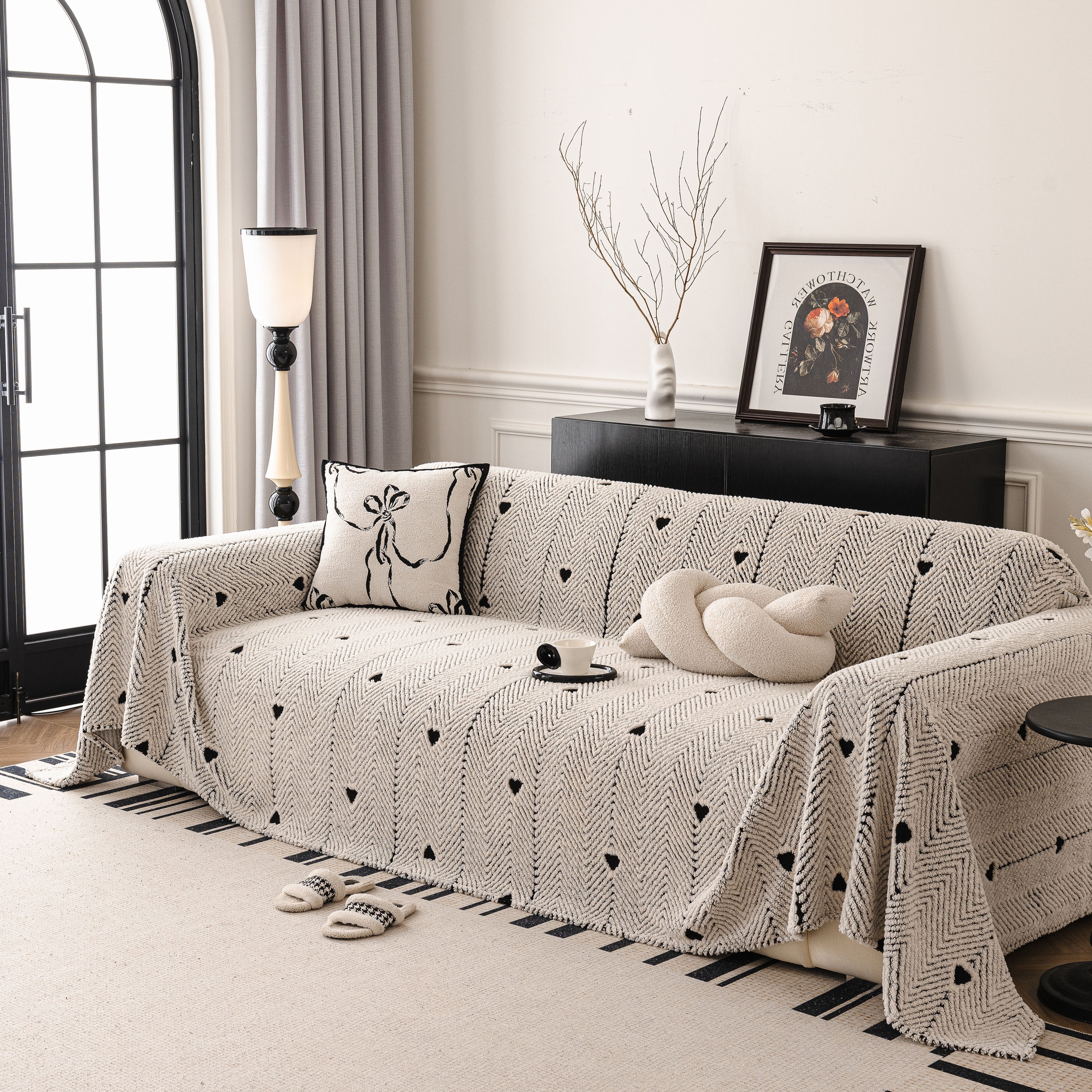 Thick Plush Sofa Cover Throw for Couch, 3D Textured Herringbone Washable Slipcover