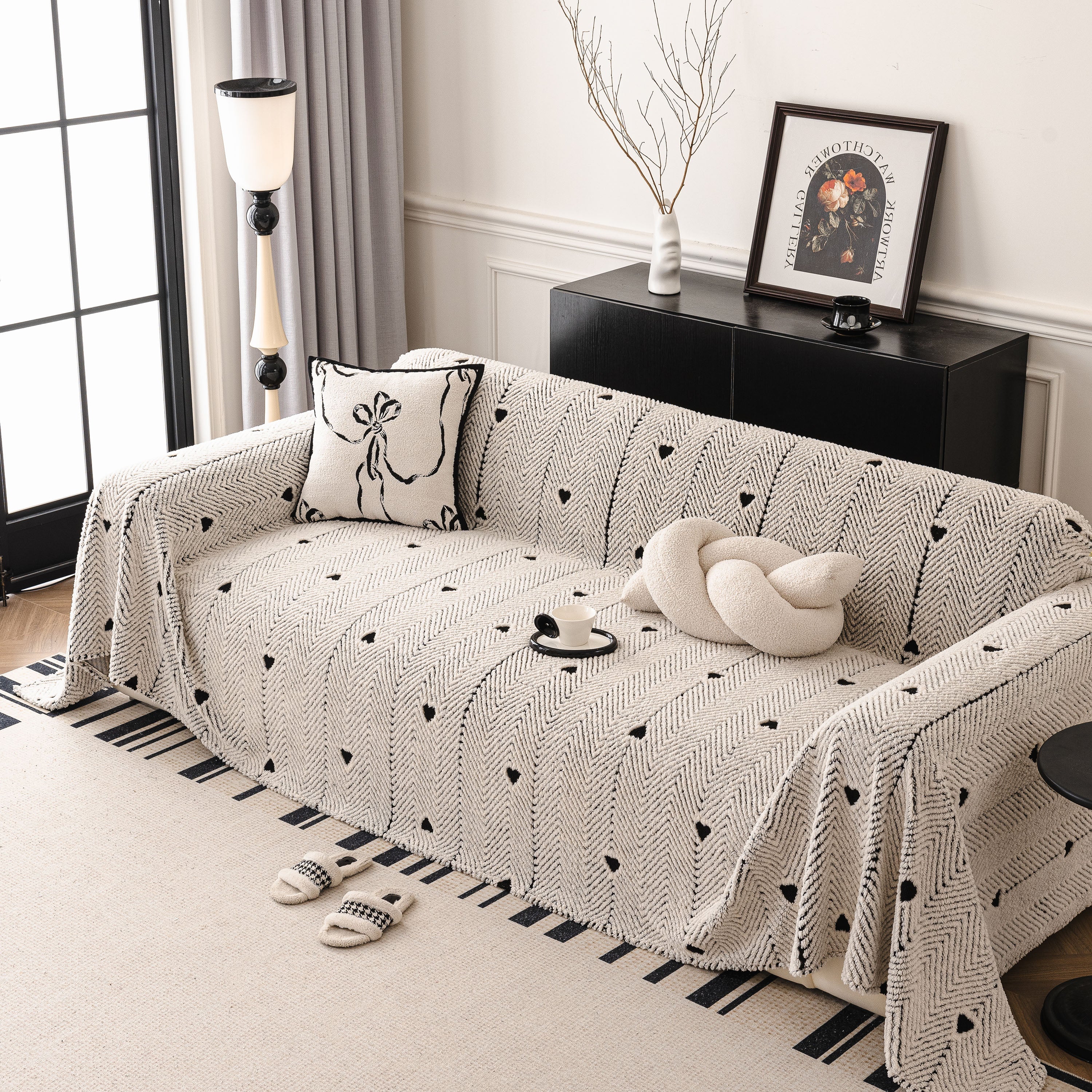 Thick Plush Sofa Cover Throw for Couch, 3D Textured Herringbone Washable Slipcover