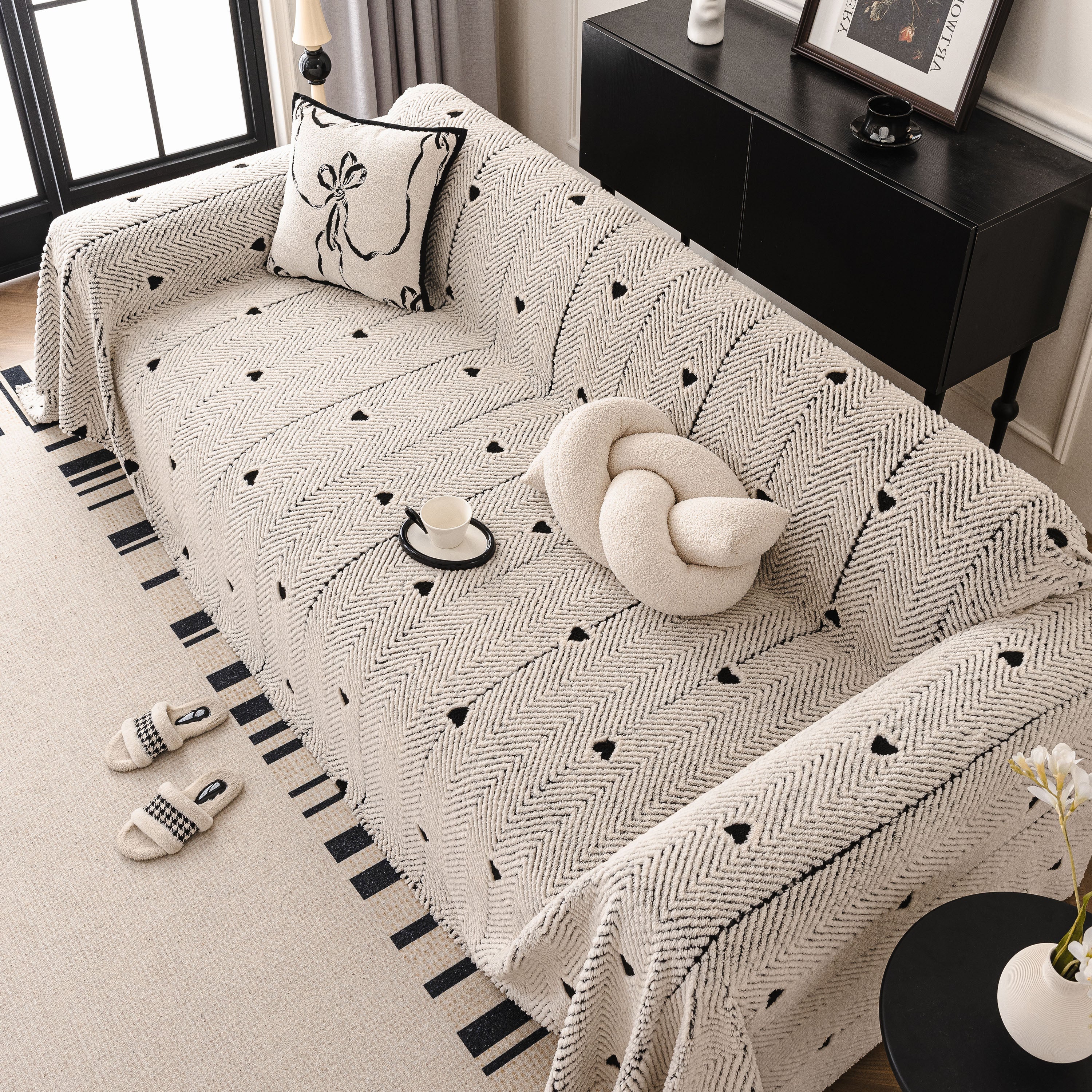 Thick Plush Sofa Cover Throw for Couch, 3D Textured Herringbone Washable Slipcover