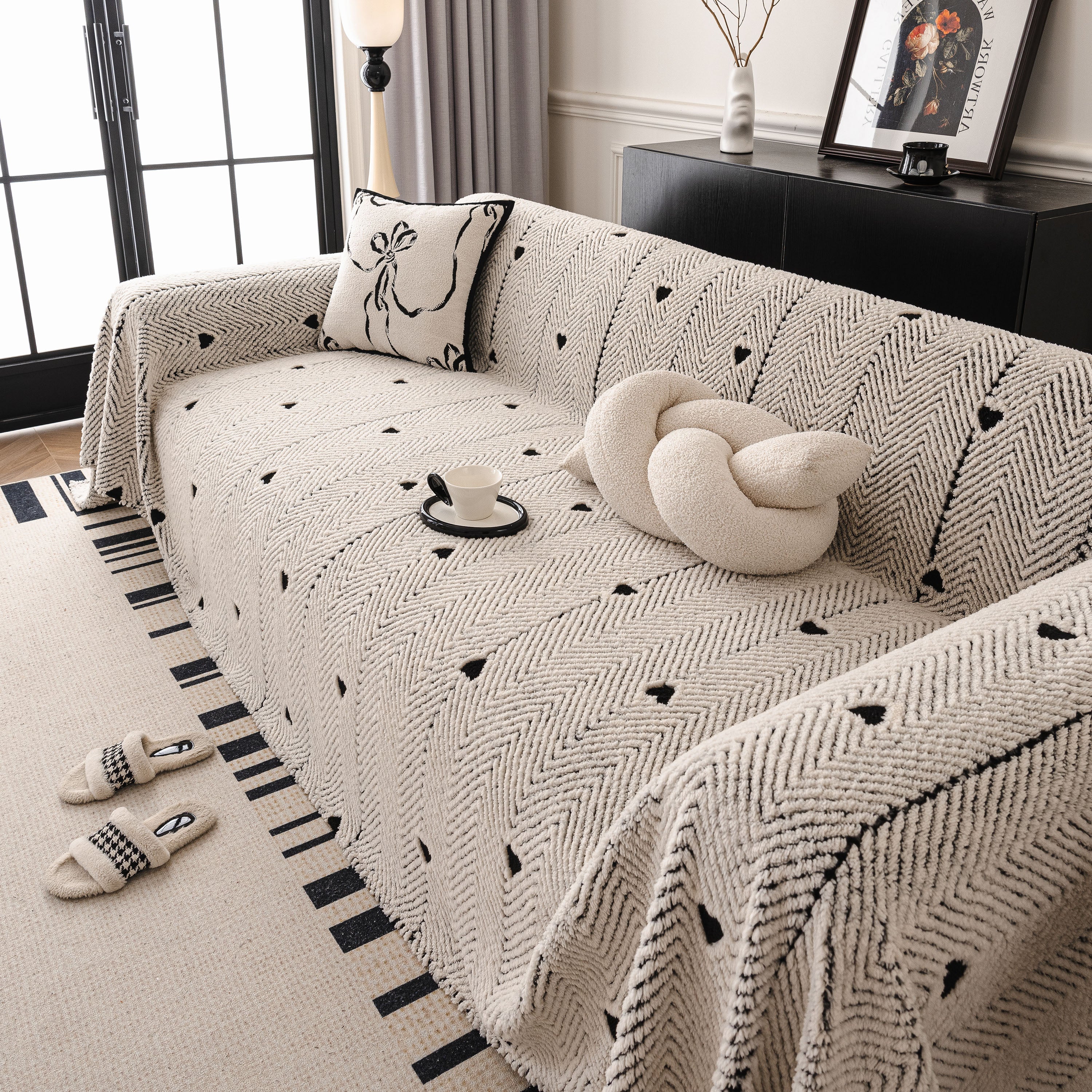 Thick Plush Sofa Cover Throw for Couch, 3D Textured Herringbone Washable Slipcover
