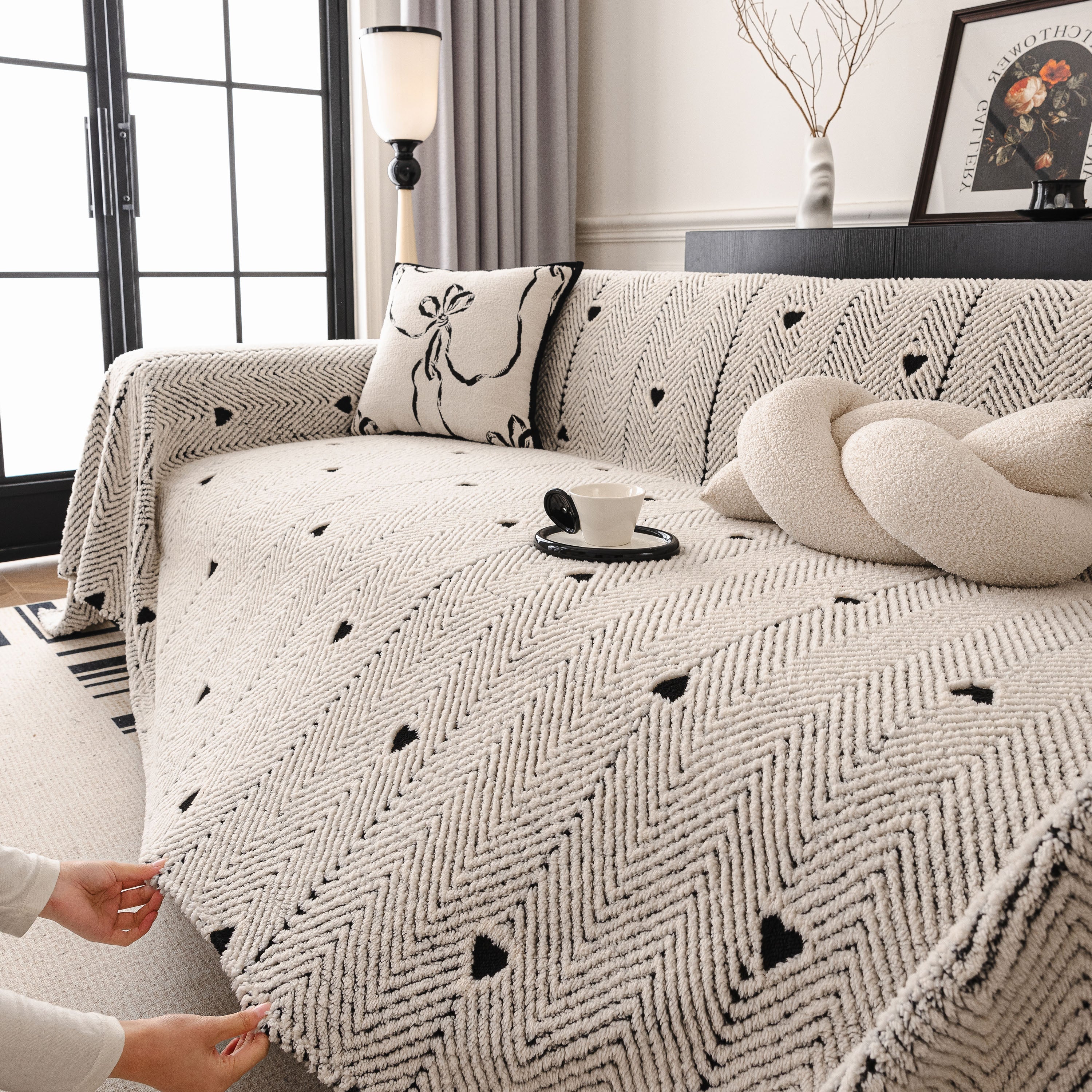 Thick Plush Sofa Cover Throw for Couch, 3D Textured Herringbone Washable Slipcover