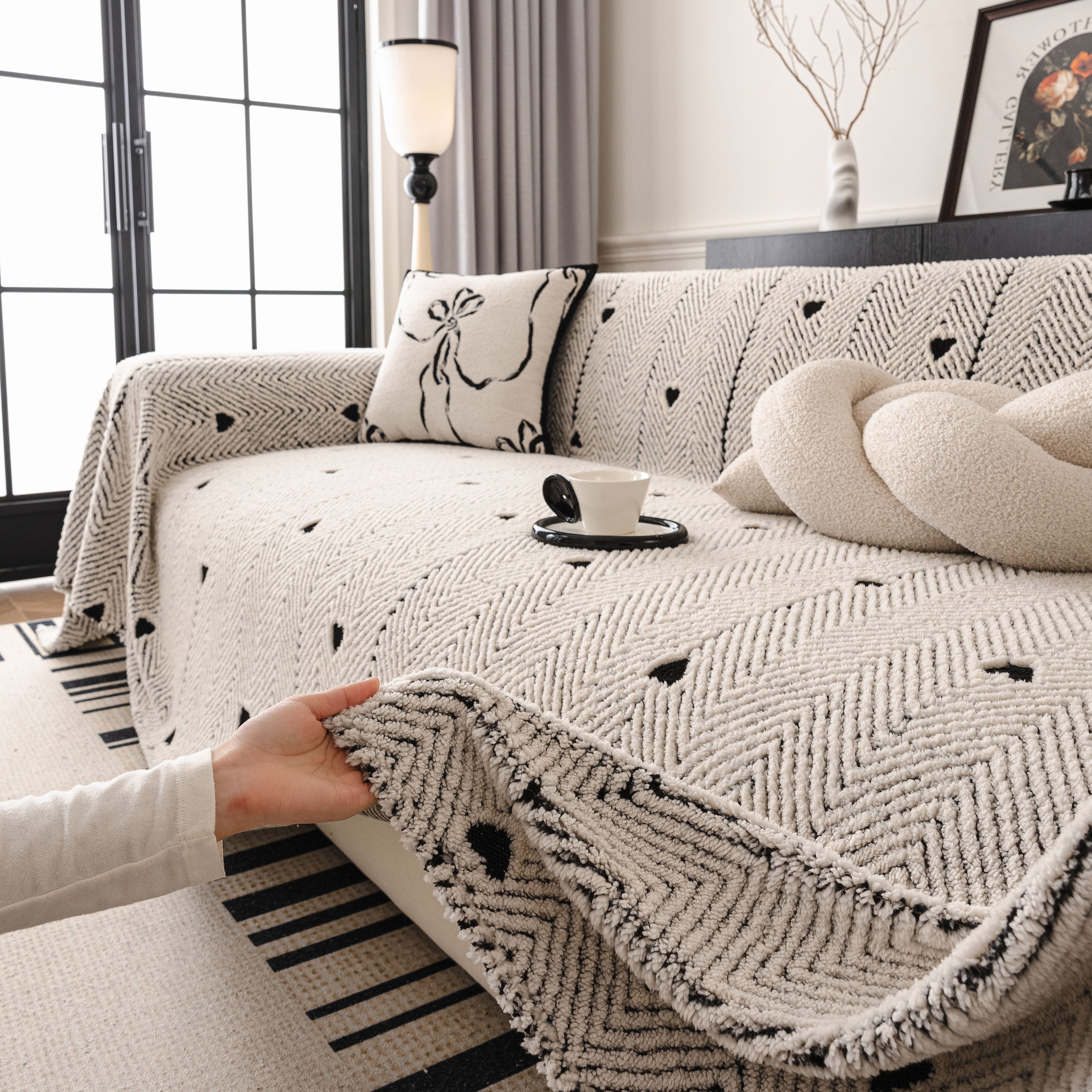 Thick Plush Sofa Cover Throw for Couch, 3D Textured Herringbone Washable Slipcover