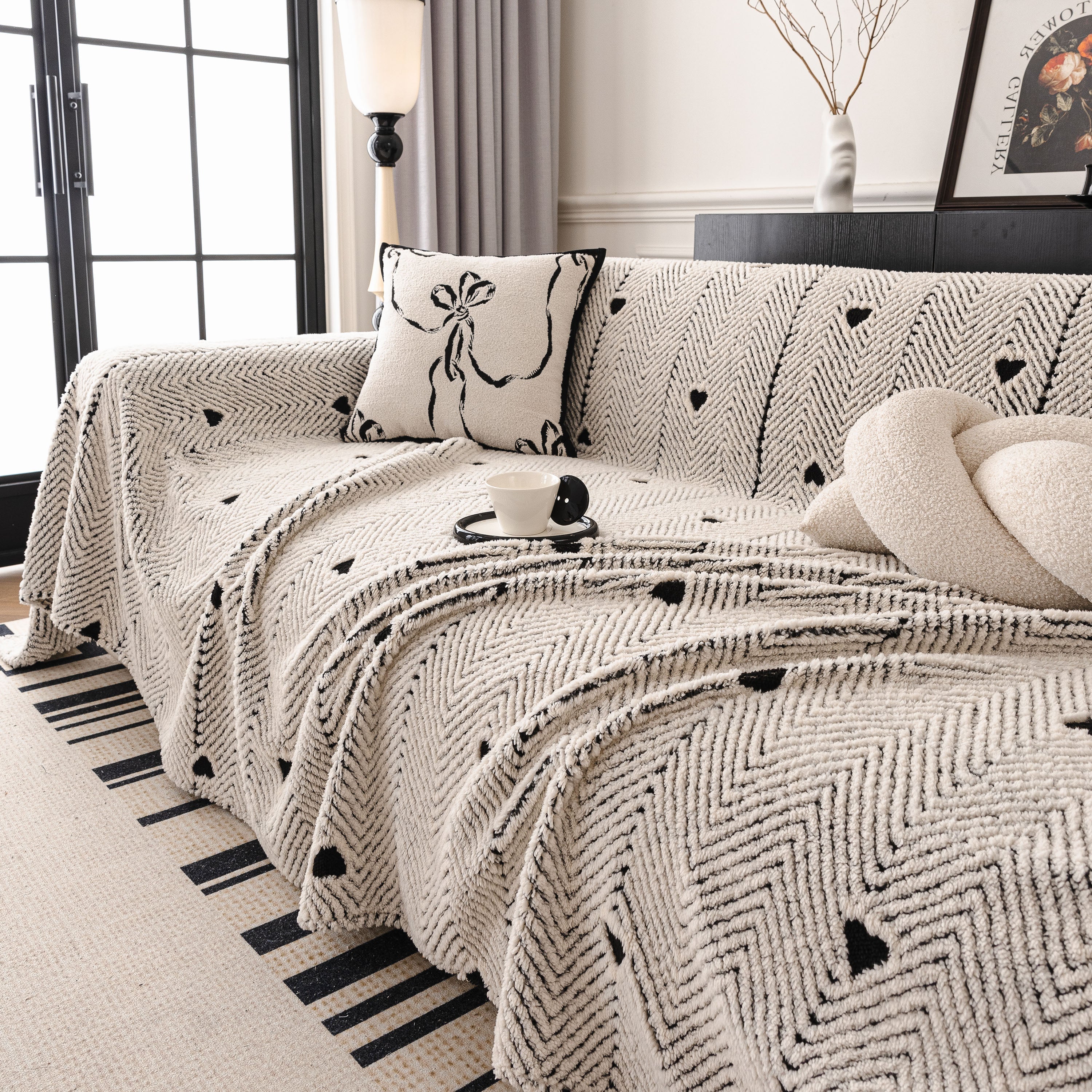 Thick Plush Sofa Cover Throw for Couch, 3D Textured Herringbone Washable Slipcover
