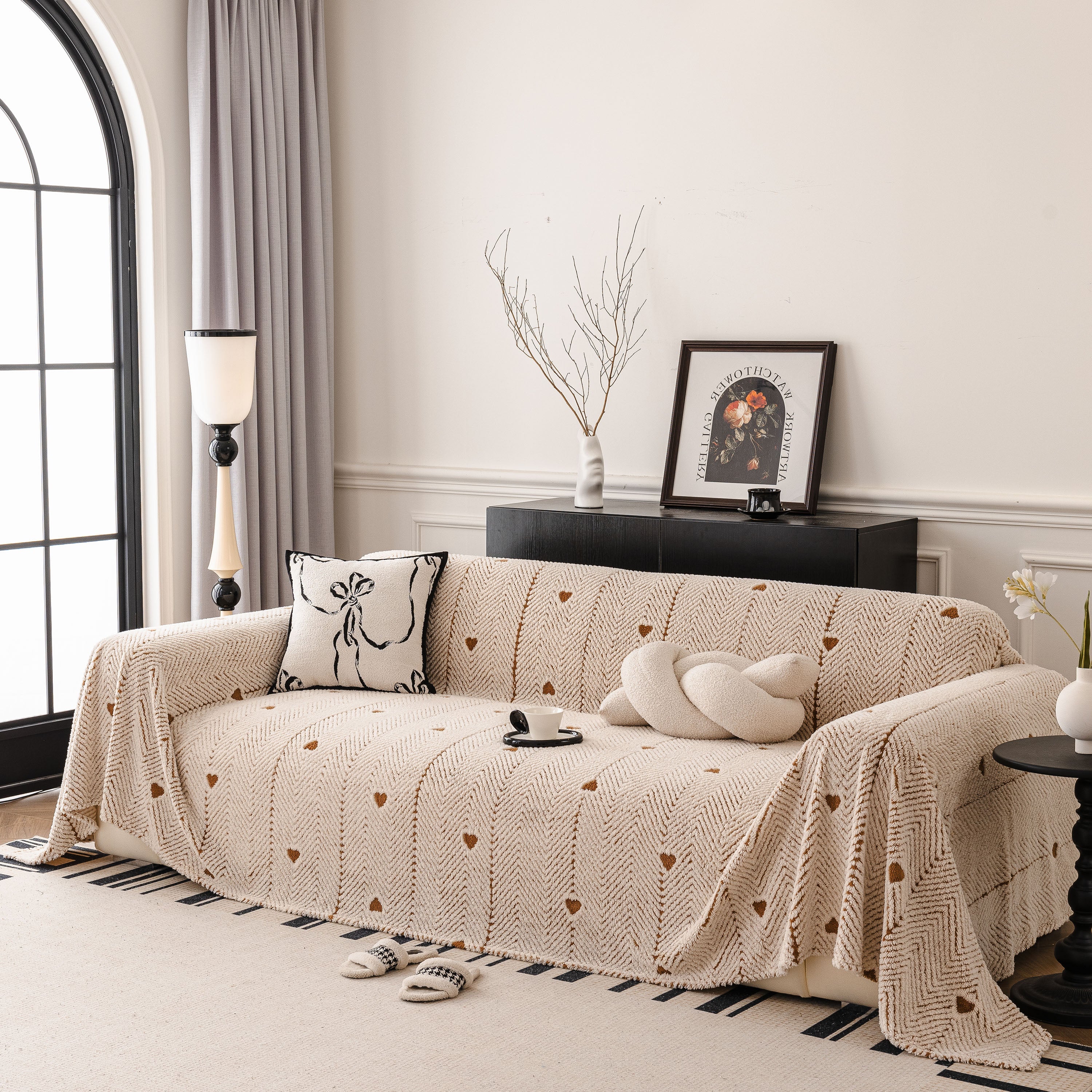 Thick Plush Sofa Cover Throw for Couch, 3D Textured Herringbone Washable Slipcover