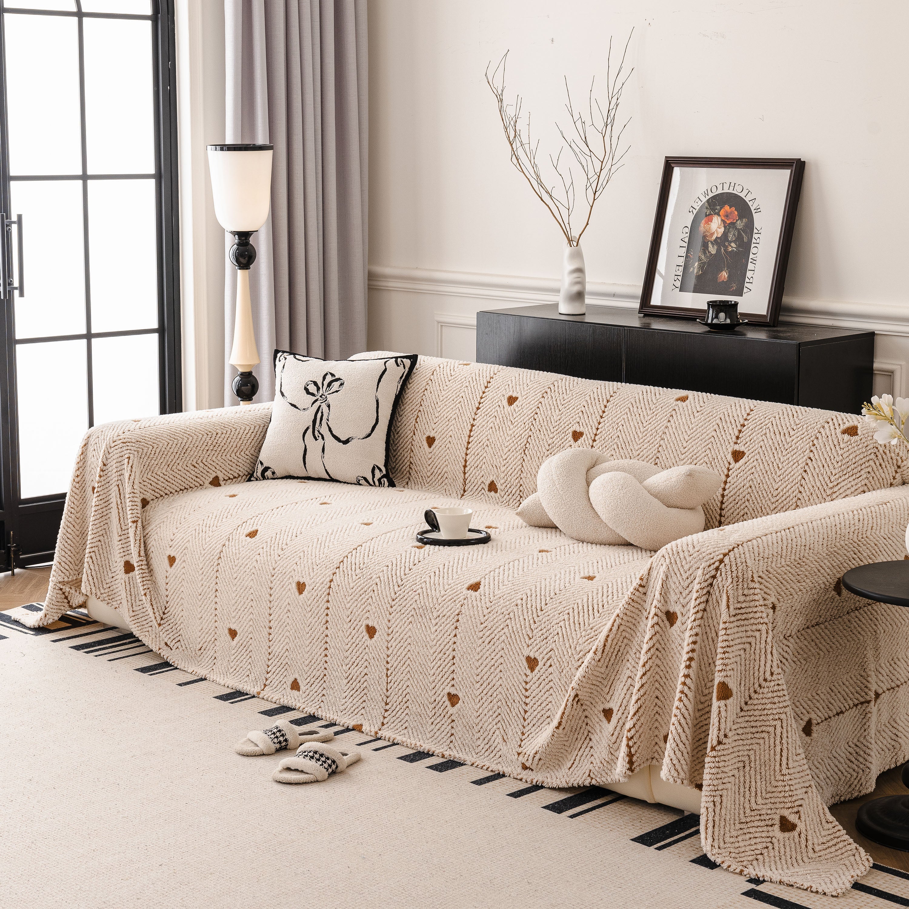 Thick Plush Sofa Cover Throw for Couch, 3D Textured Herringbone Washable Slipcover