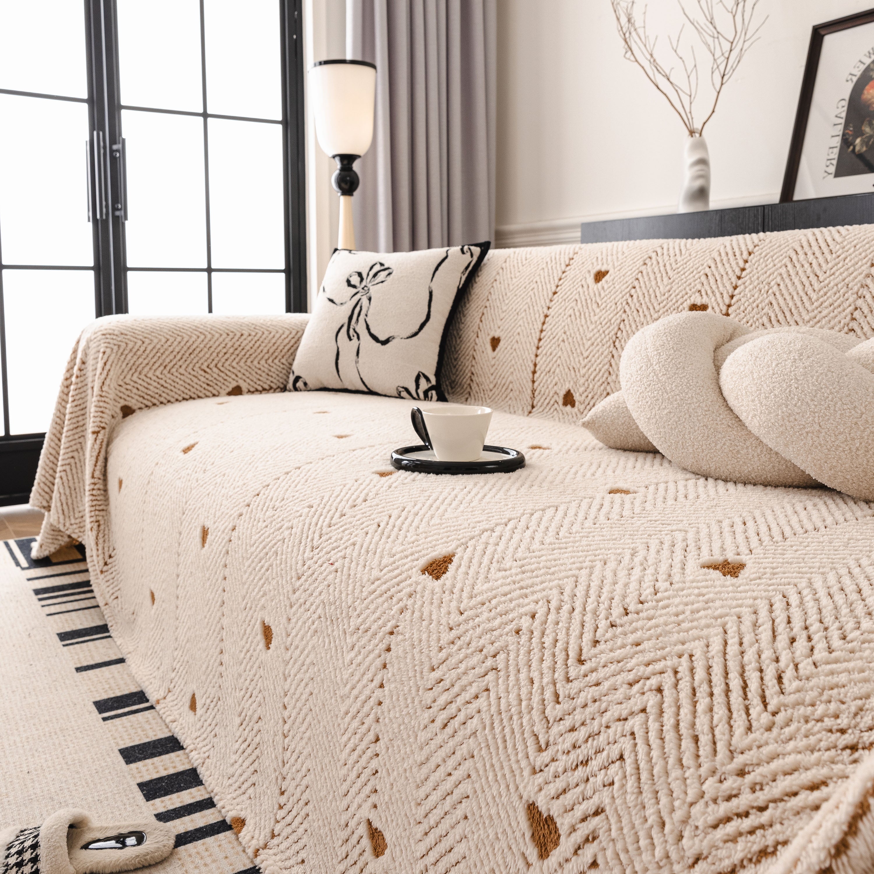 Thick Plush Sofa Cover Throw for Couch, 3D Textured Herringbone Washable Slipcover