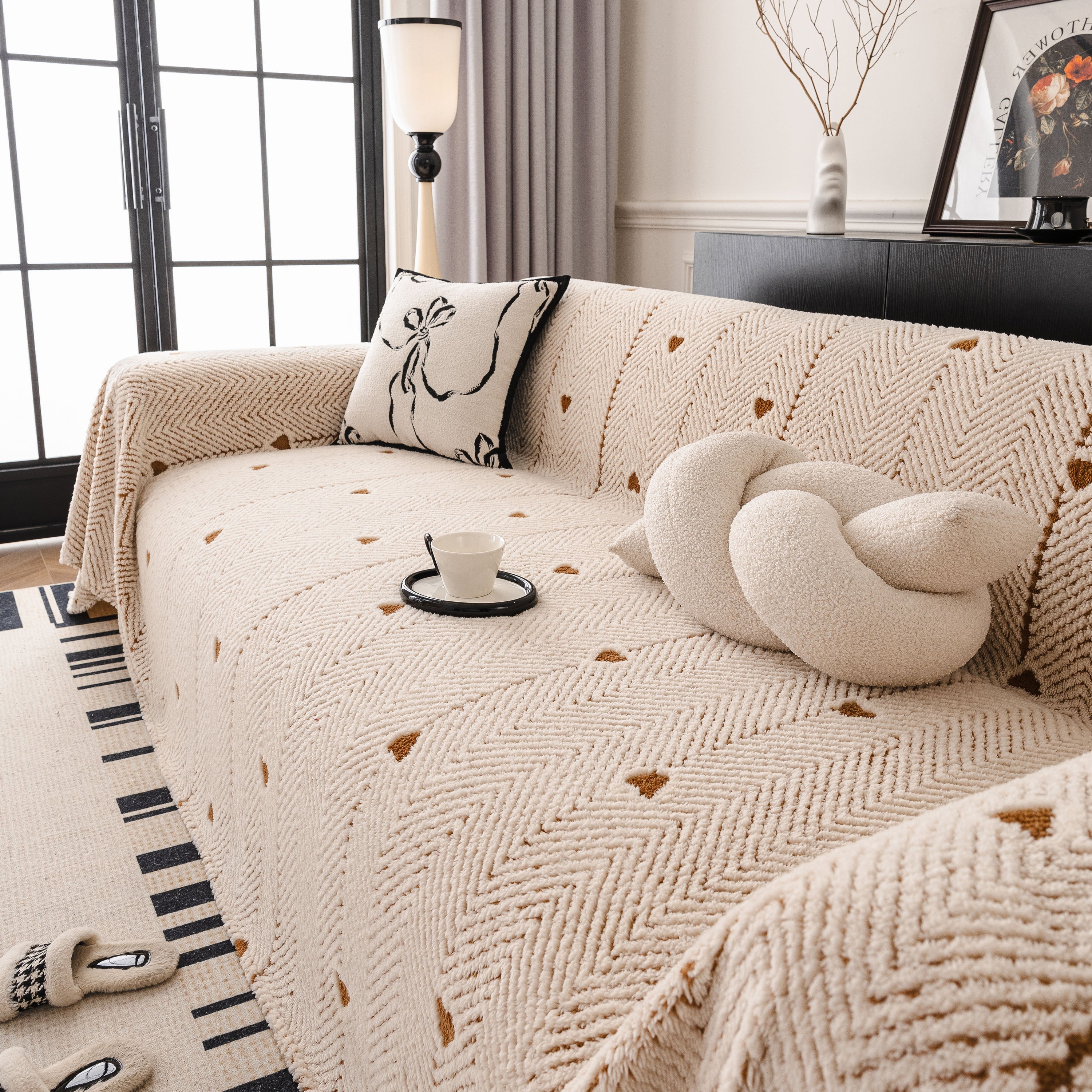 Thick Plush Sofa Cover Throw for Couch, 3D Textured Herringbone Washable Slipcover