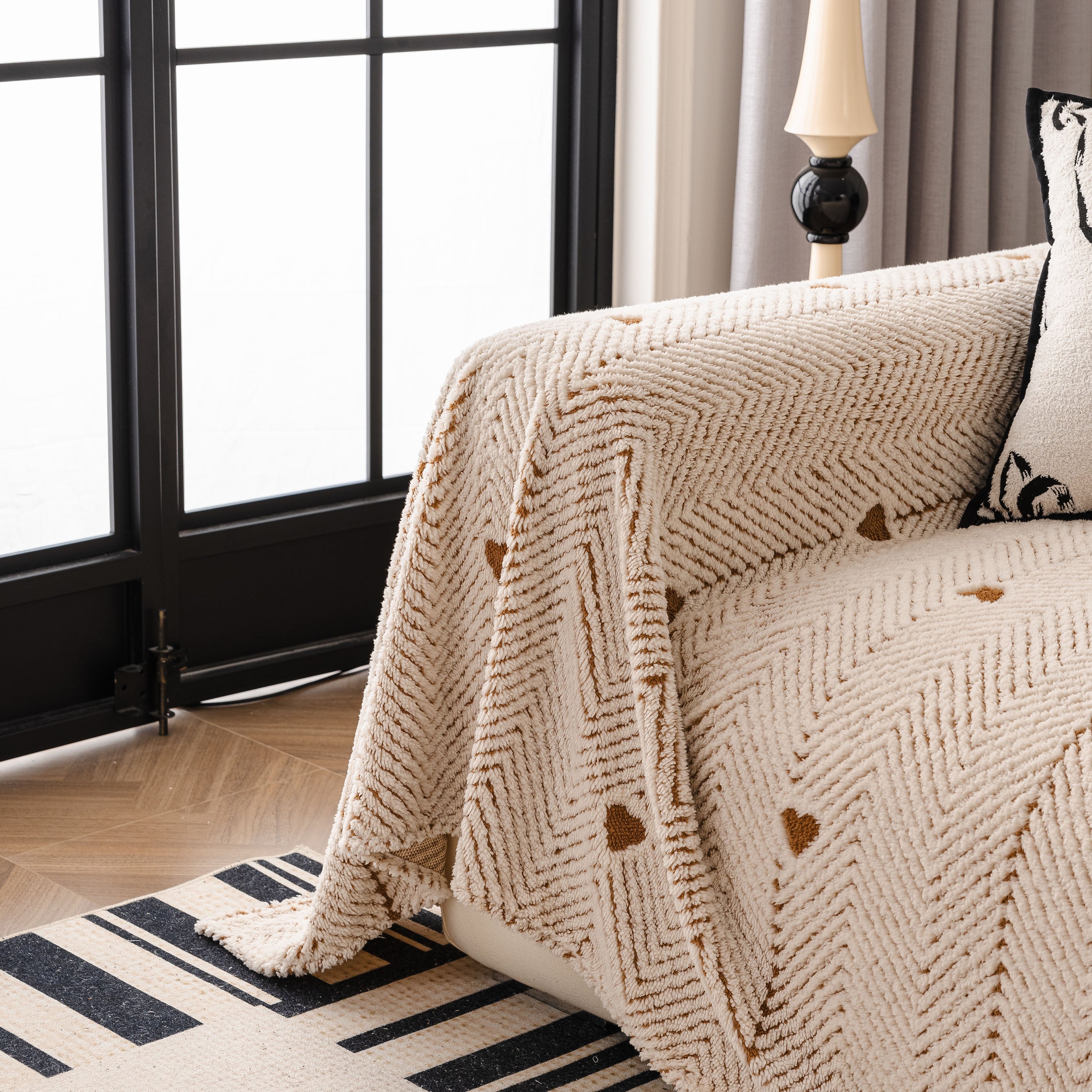 Thick Plush Sofa Cover Throw for Couch, 3D Textured Herringbone Washable Slipcover