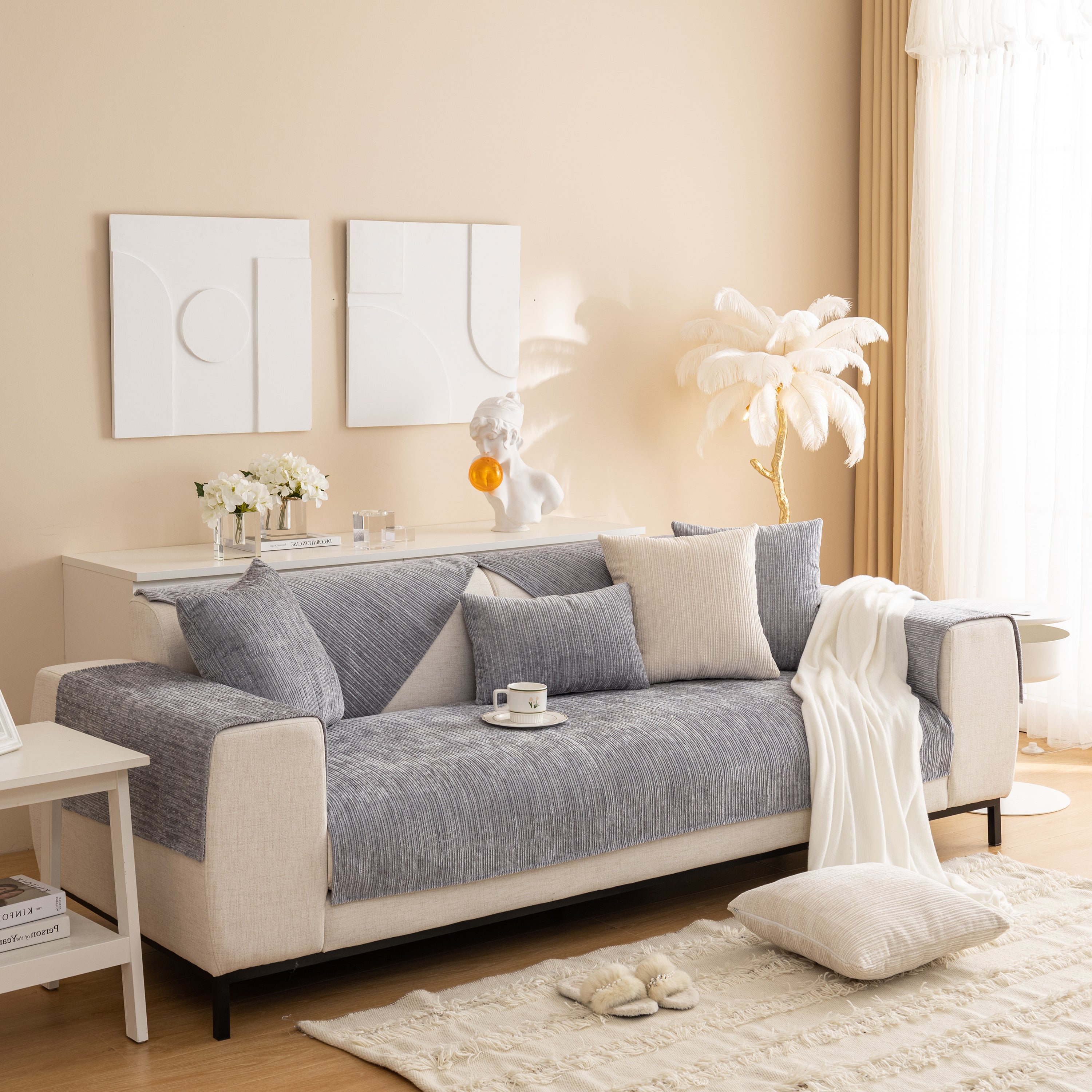 Plush Solid Color Striped L-Shaped Sofa Slipcovers, Washable Non-Slip Textured Furniture Covers