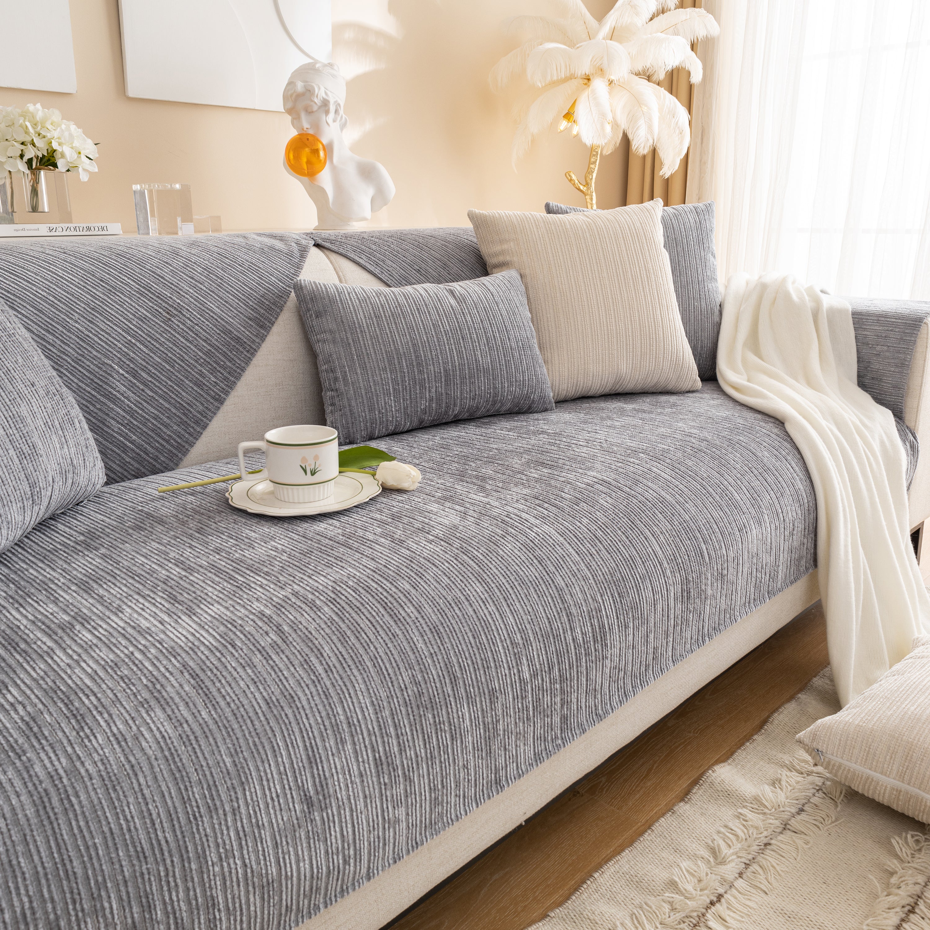Plush Solid Color Striped L-Shaped Sofa Slipcovers, Washable Non-Slip Textured Furniture Covers