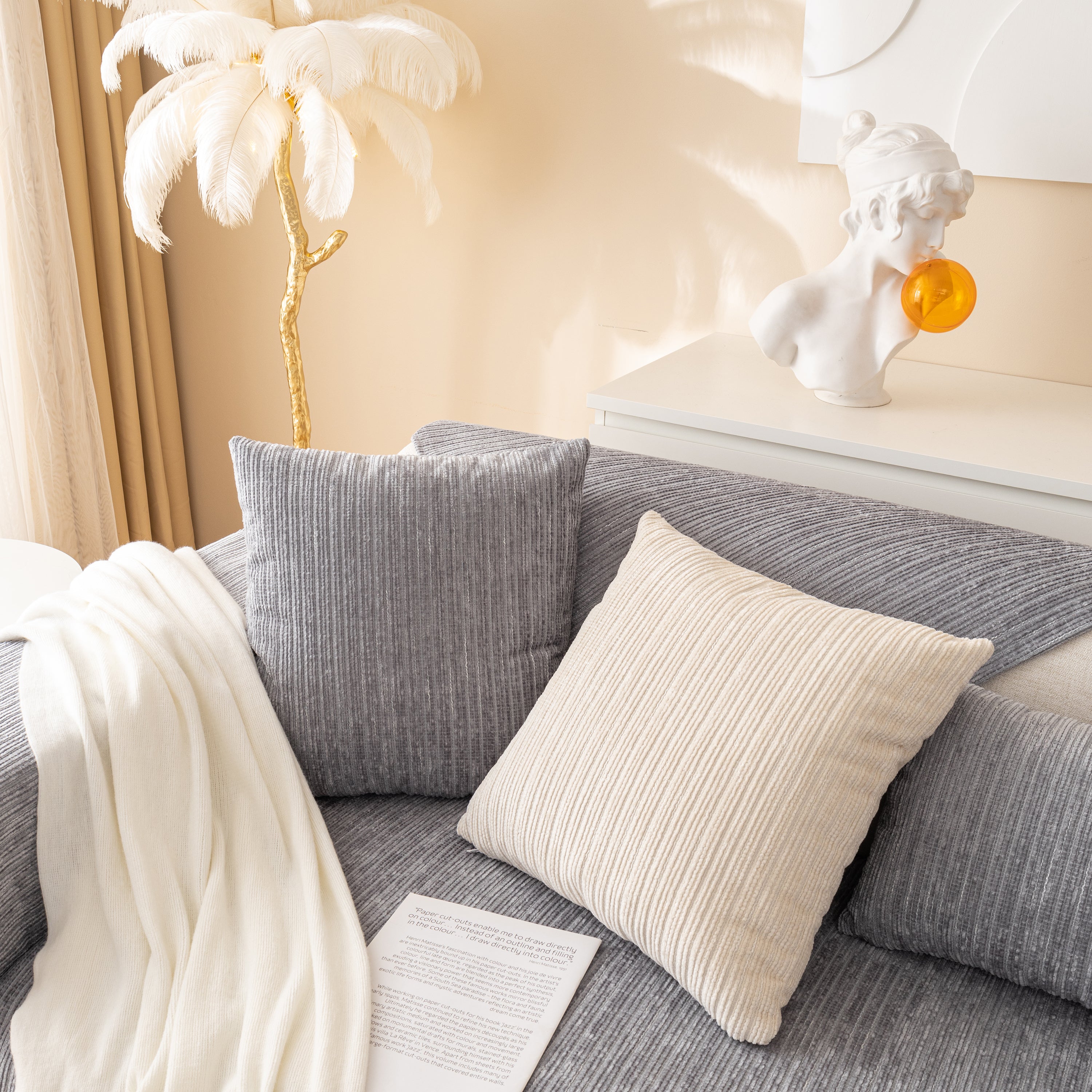 Plush Solid Color Striped L-Shaped Sofa Slipcovers, Washable Non-Slip Textured Furniture Covers