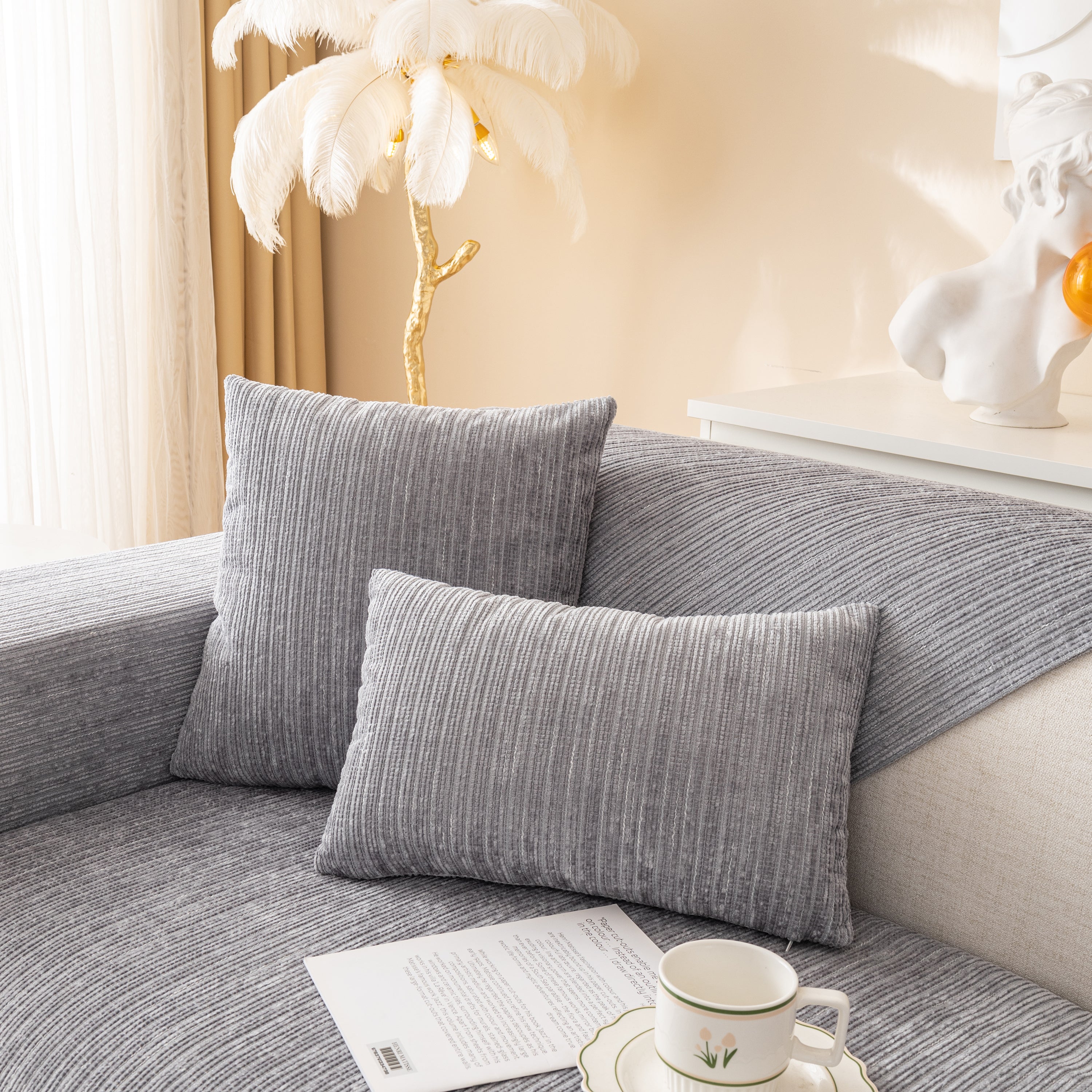 Plush Solid Color Striped L-Shaped Sofa Slipcovers, Washable Non-Slip Textured Furniture Covers