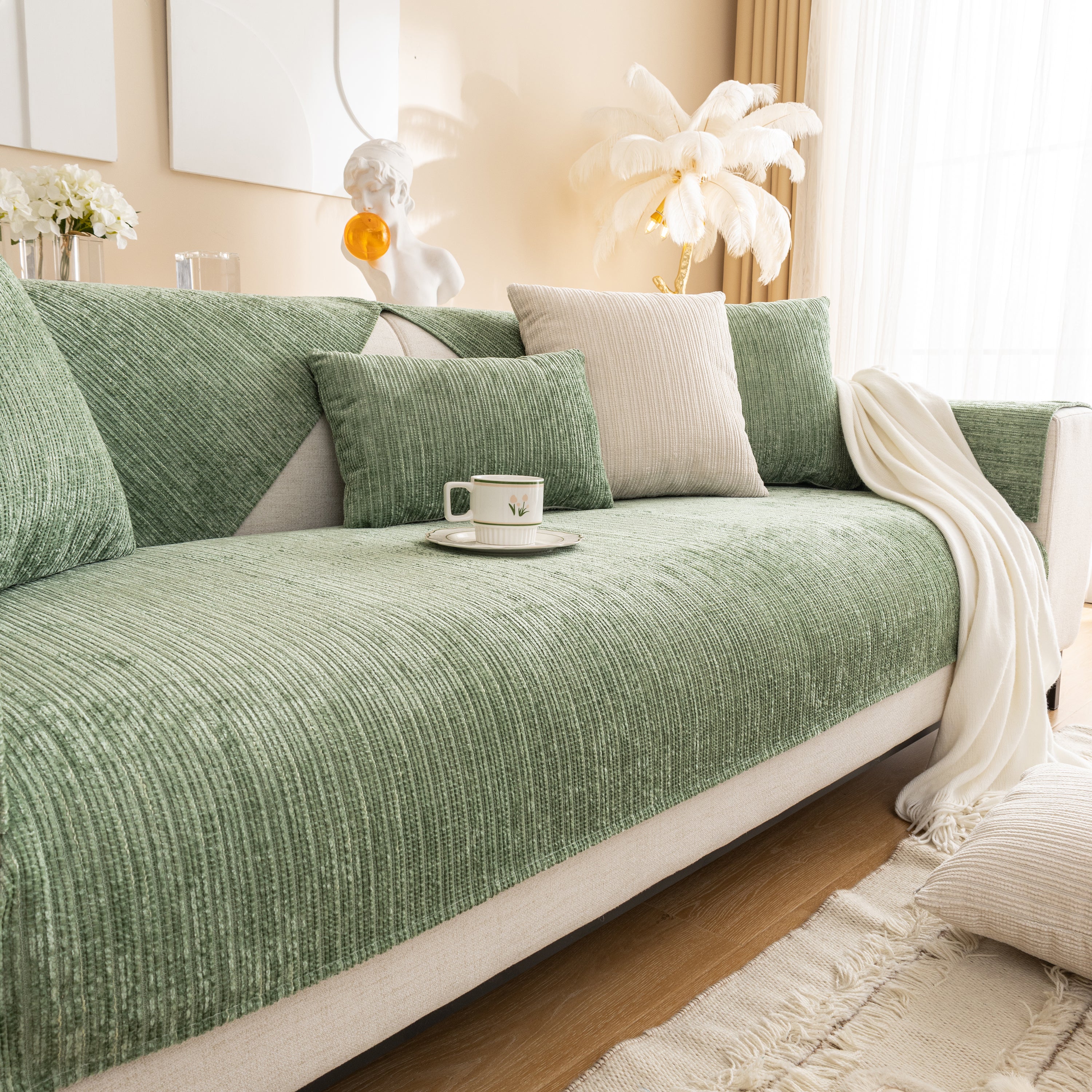 Plush Solid Color Striped L-Shaped Sofa Slipcovers, Washable Non-Slip Textured Furniture Covers