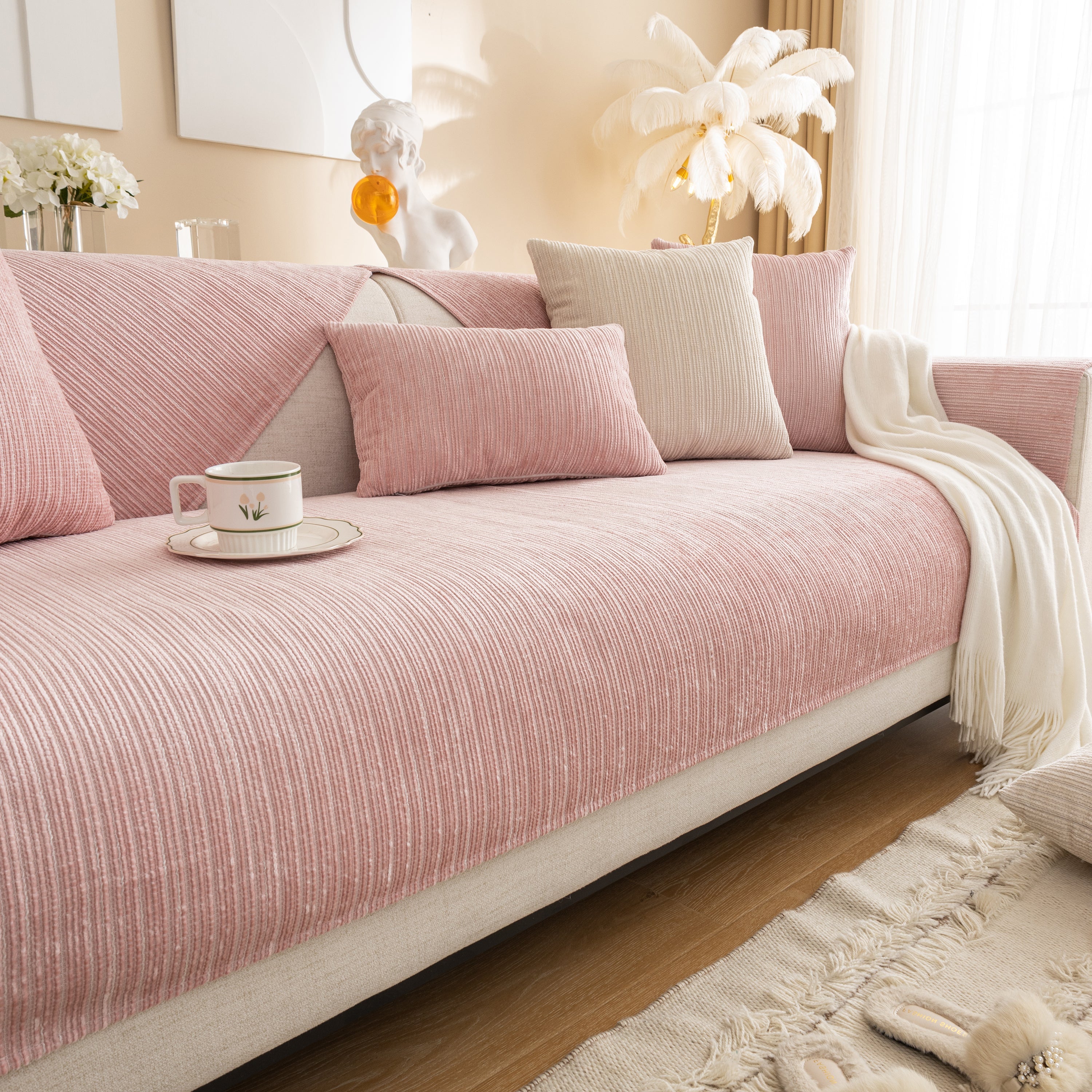 Plush Solid Color Striped L-Shaped Sofa Slipcovers, Washable Non-Slip Textured Furniture Covers