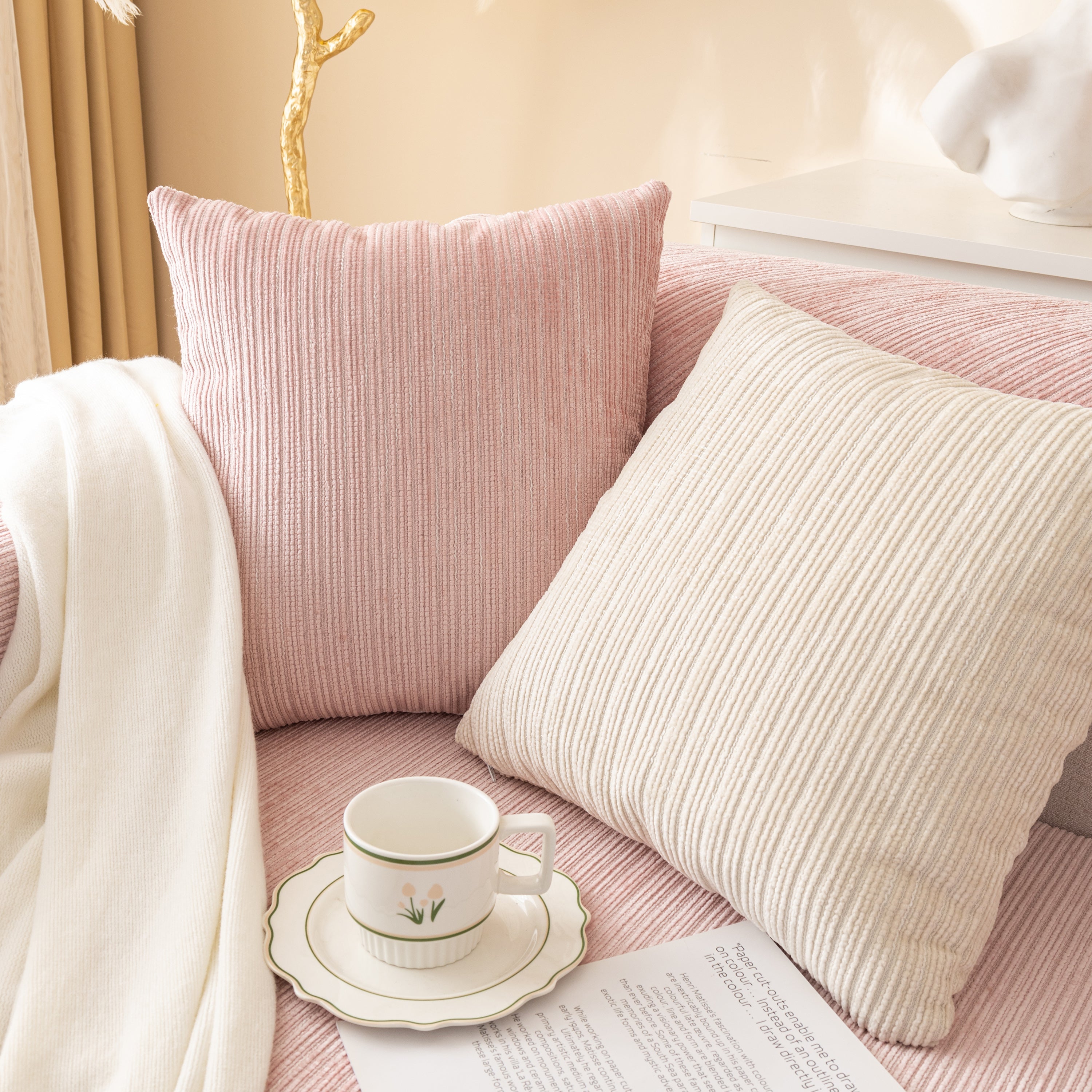 Plush Solid Color Striped L-Shaped Sofa Slipcovers, Washable Non-Slip Textured Furniture Covers