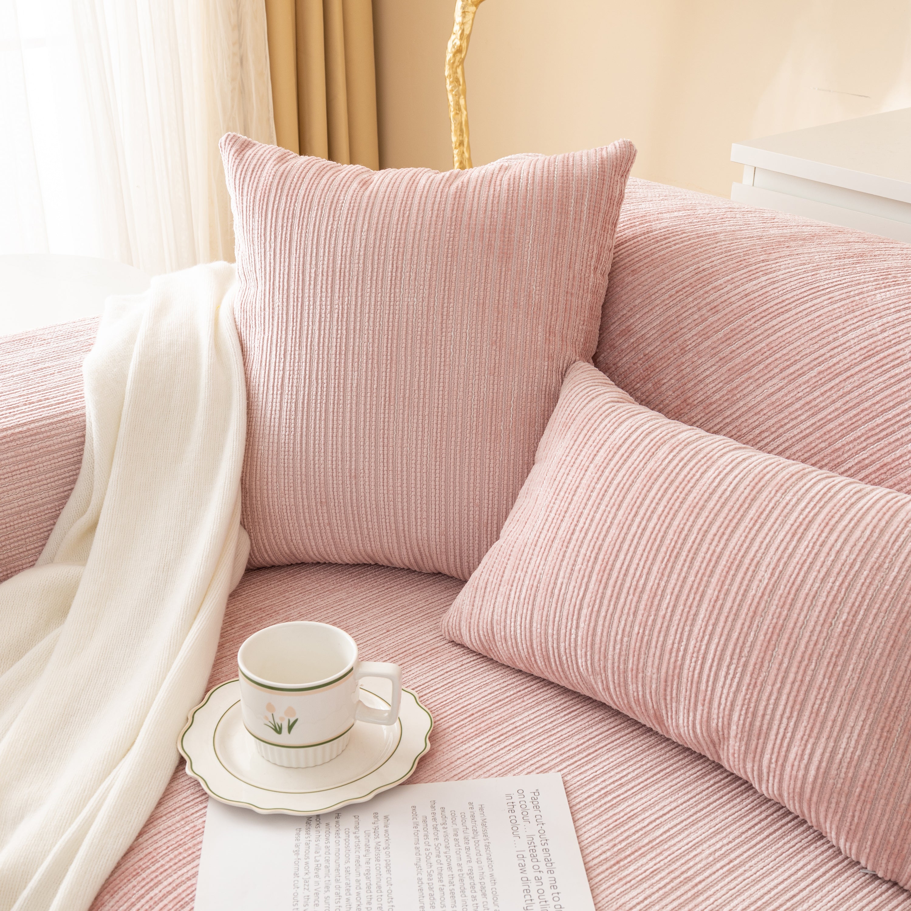 Plush Solid Color Striped L-Shaped Sofa Slipcovers, Washable Non-Slip Textured Furniture Covers