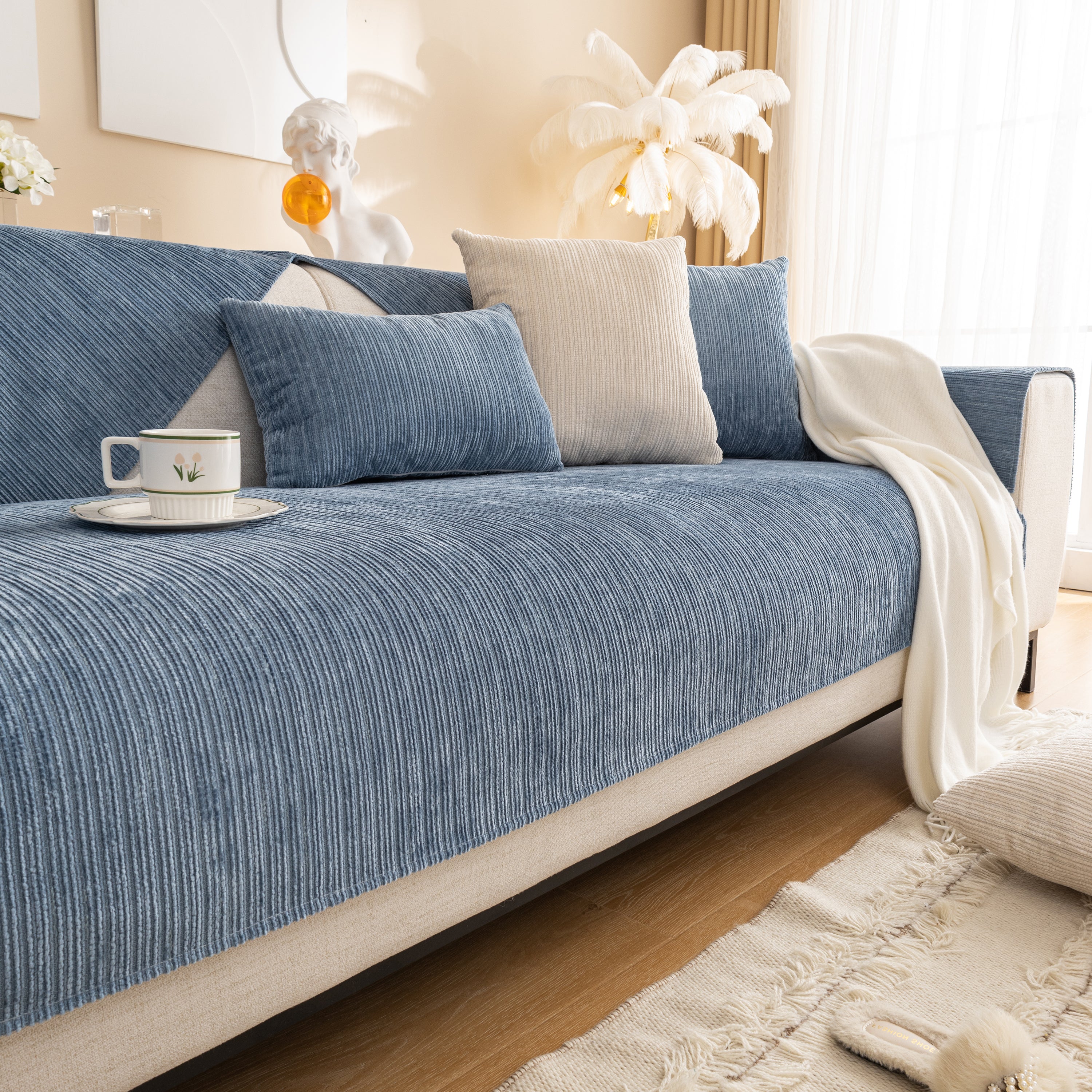 Plush Solid Color Striped L-Shaped Sofa Slipcovers, Washable Non-Slip Textured Furniture Covers