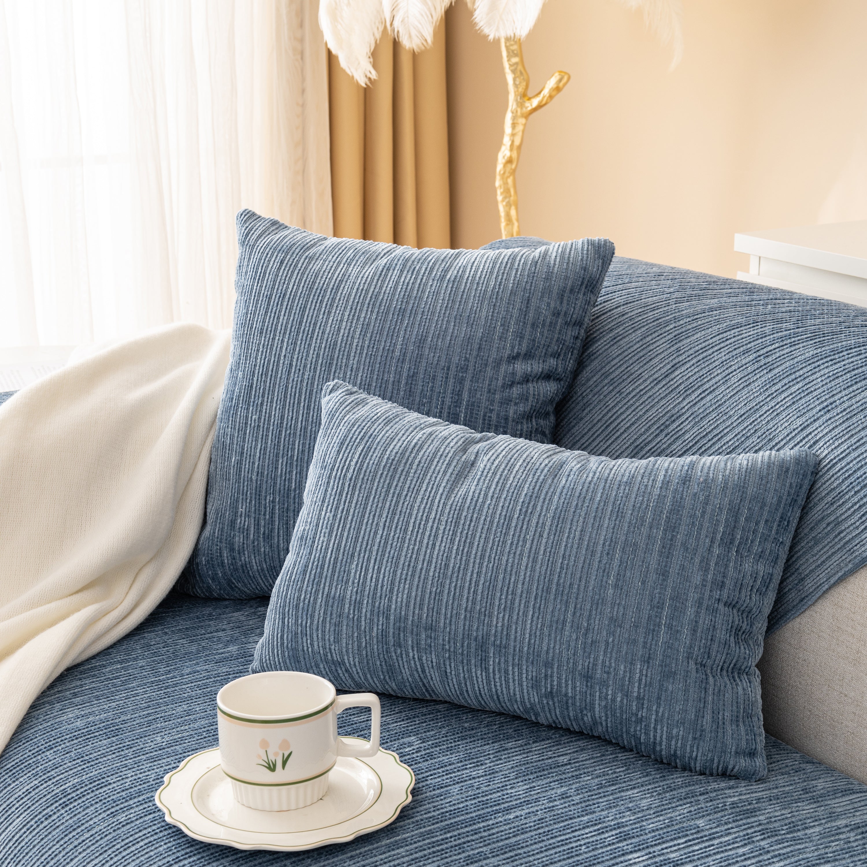 Plush Solid Color Striped L-Shaped Sofa Slipcovers, Washable Non-Slip Textured Furniture Covers
