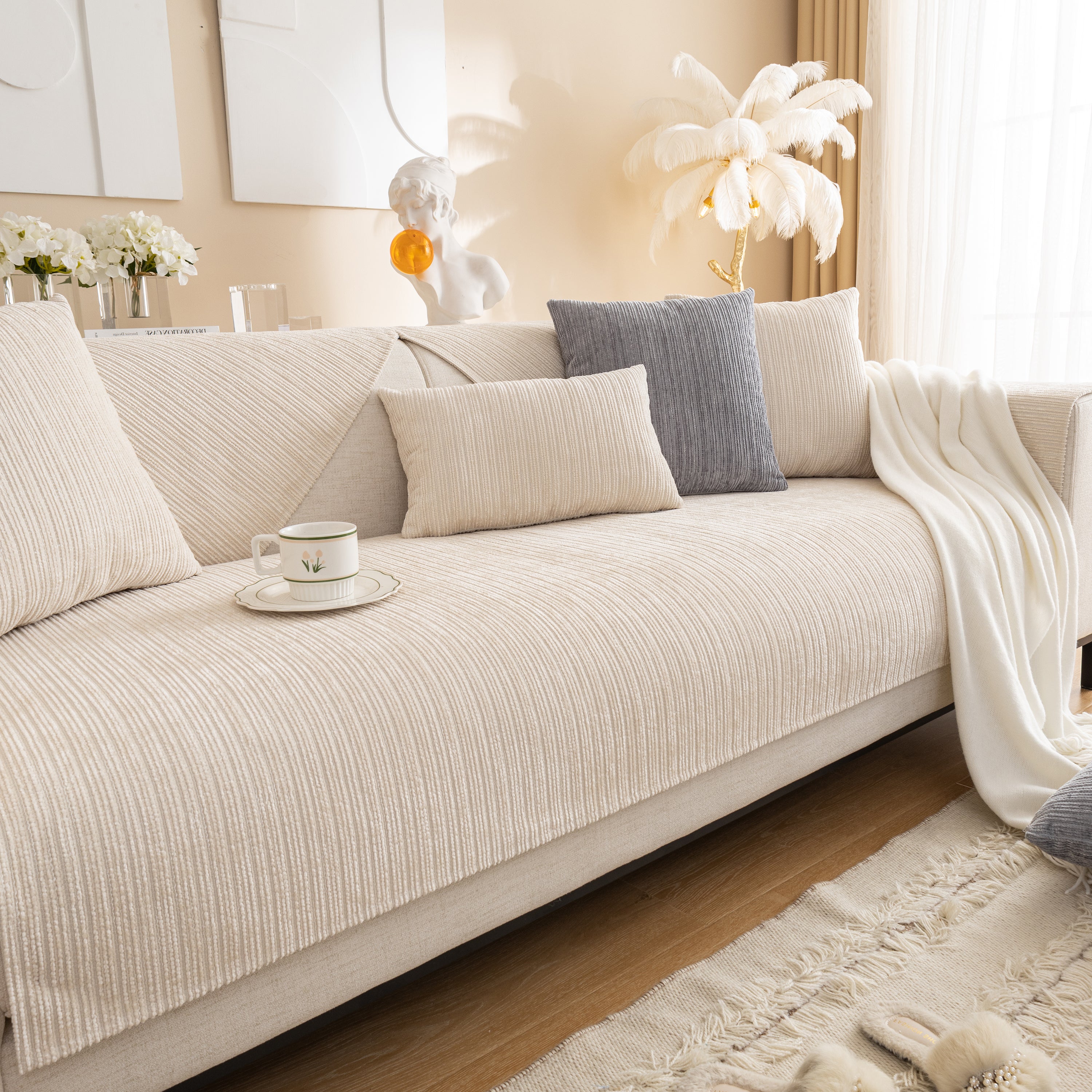 Plush Solid Color Striped L-Shaped Sofa Slipcovers, Washable Non-Slip Textured Furniture Covers