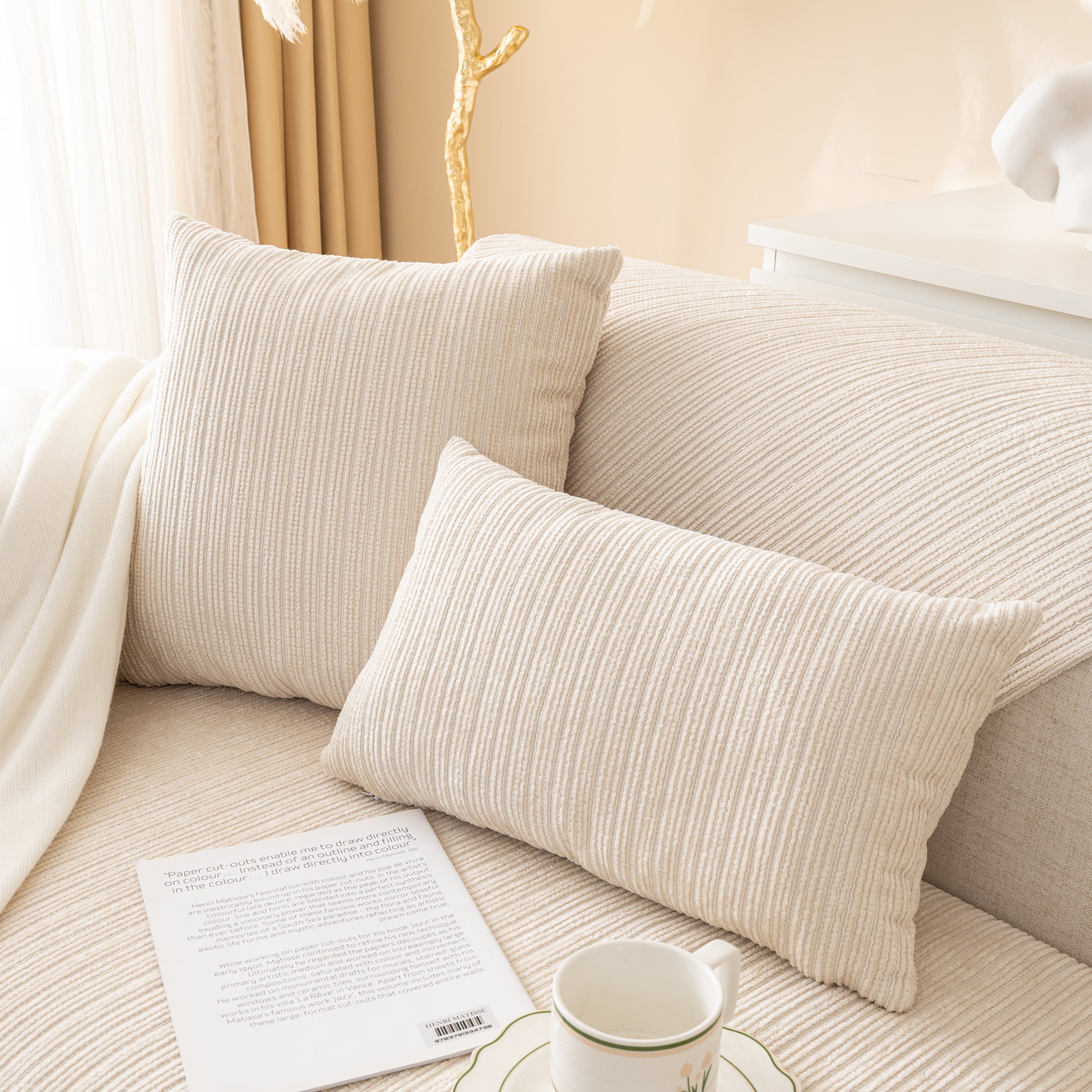 Plush Solid Color Striped L-Shaped Sofa Slipcovers, Washable Non-Slip Textured Furniture Covers
