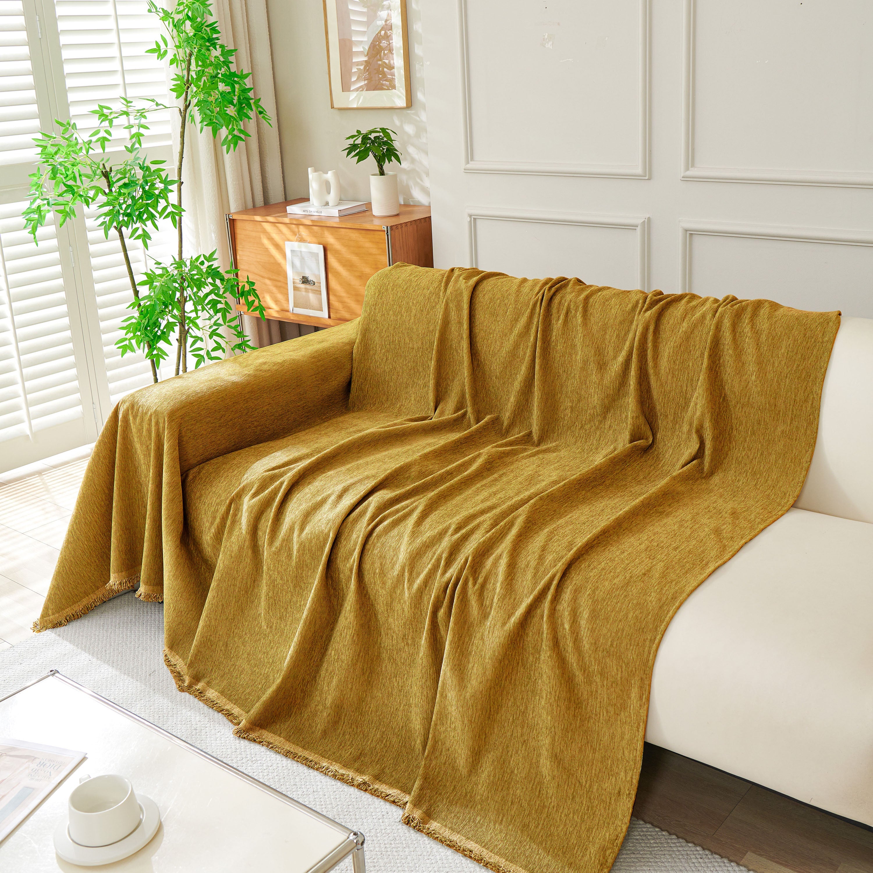 Solid Color Chenille Sofa Throw Blanket, Modern Decor Soft Couch Cover with Fringes